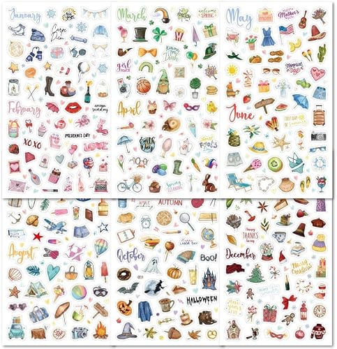 6 Sheets Planner Set, Over 316 Daily Holiday & Seasonal Vinyl Stickers, Watercolor Style Decorations for Calendars, Journals & Scrapbooks