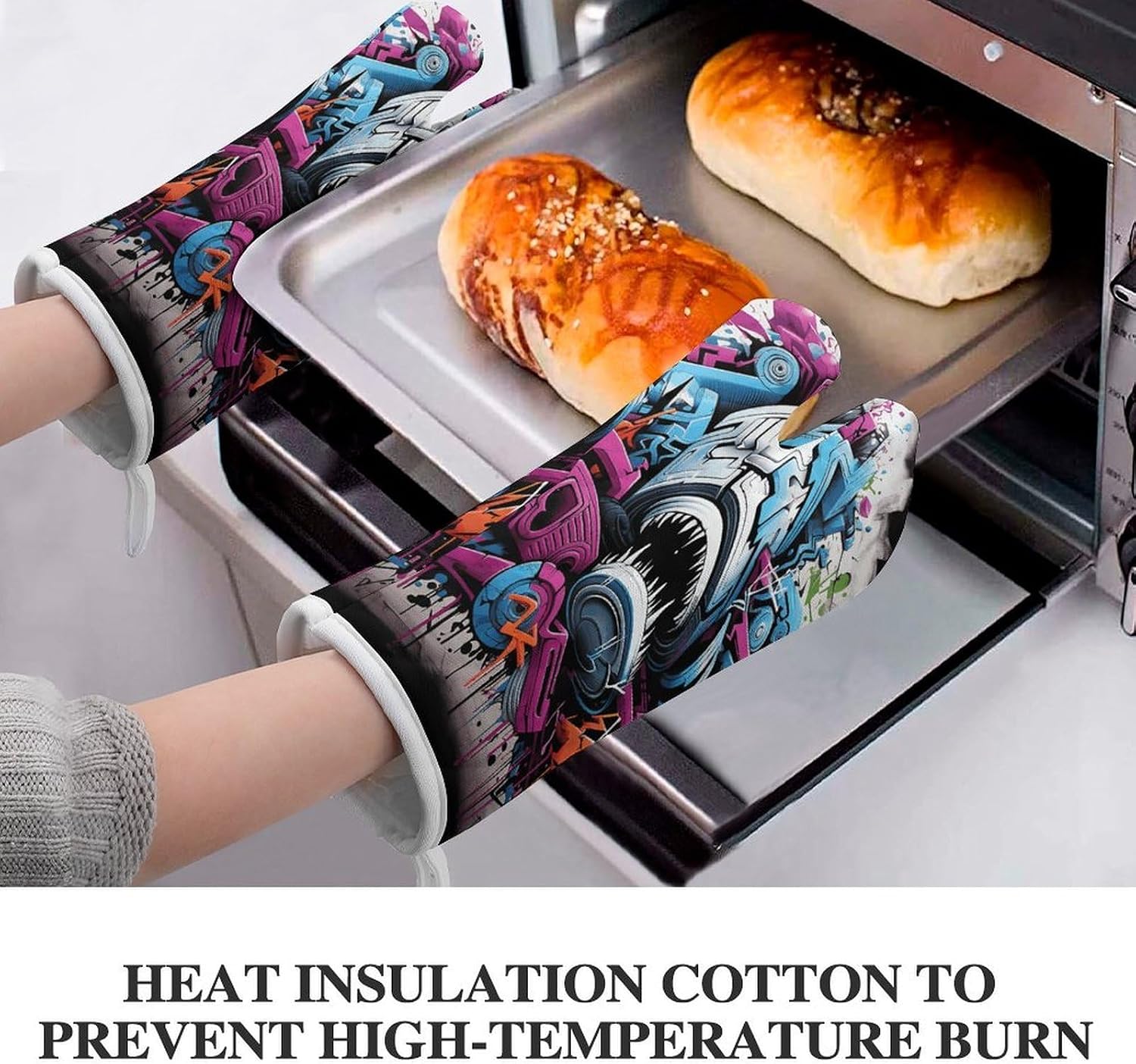 2 Pcs Oven Mitts Heat Resistant Kitchen Gloves Soft Safety Colorful Graffiti Oven Glove for Microwave, Barbecue