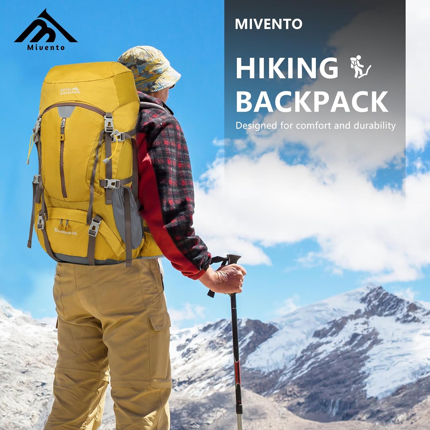 50L Hiking Backpack - Water-Resistant Nylon Bag with Flap Top, Camping Travel Backpack for Men Women (Yellow)