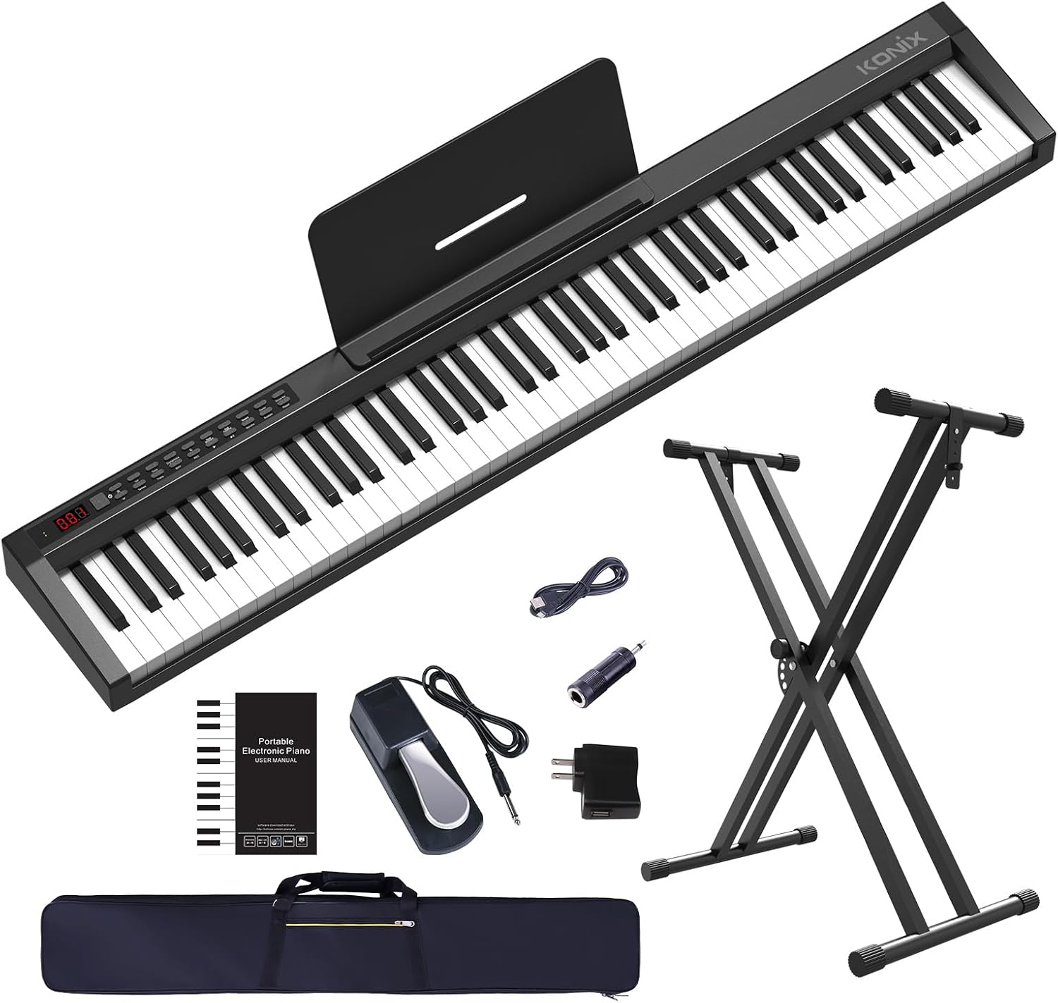 KONIX 88 Key Digital Piano Keyboard, Full Size Semi Weighted Keys Electric Piano with USB MIDI, Sustain Pedal, Power Adapter, Piano Bag, Portable Keyboard for Beginners & Adults - Black