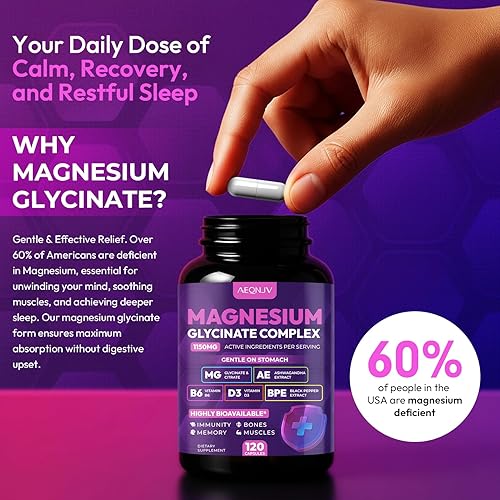 Miniatura 5 de Complejo de Glicinato de Magnesio 1150mg - Cápsulas de Magnesio de Alta Absorción Suave para el Estómago con Citrato, Sílice, Ashwagandha y Vitamina