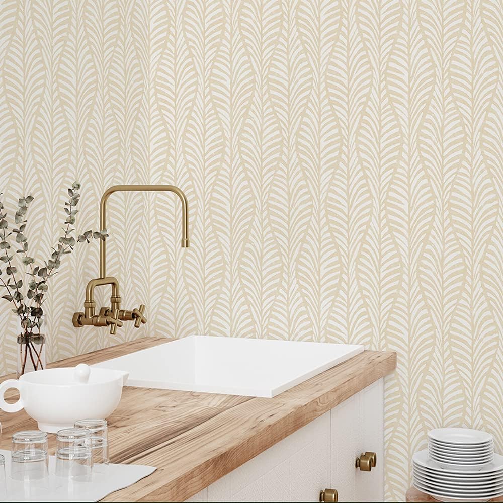 Tempaper White Clay Block Print Leaves Removable Peel and Stick Wallpaper, 20.5 in X 16.5 ft, Made in the USA