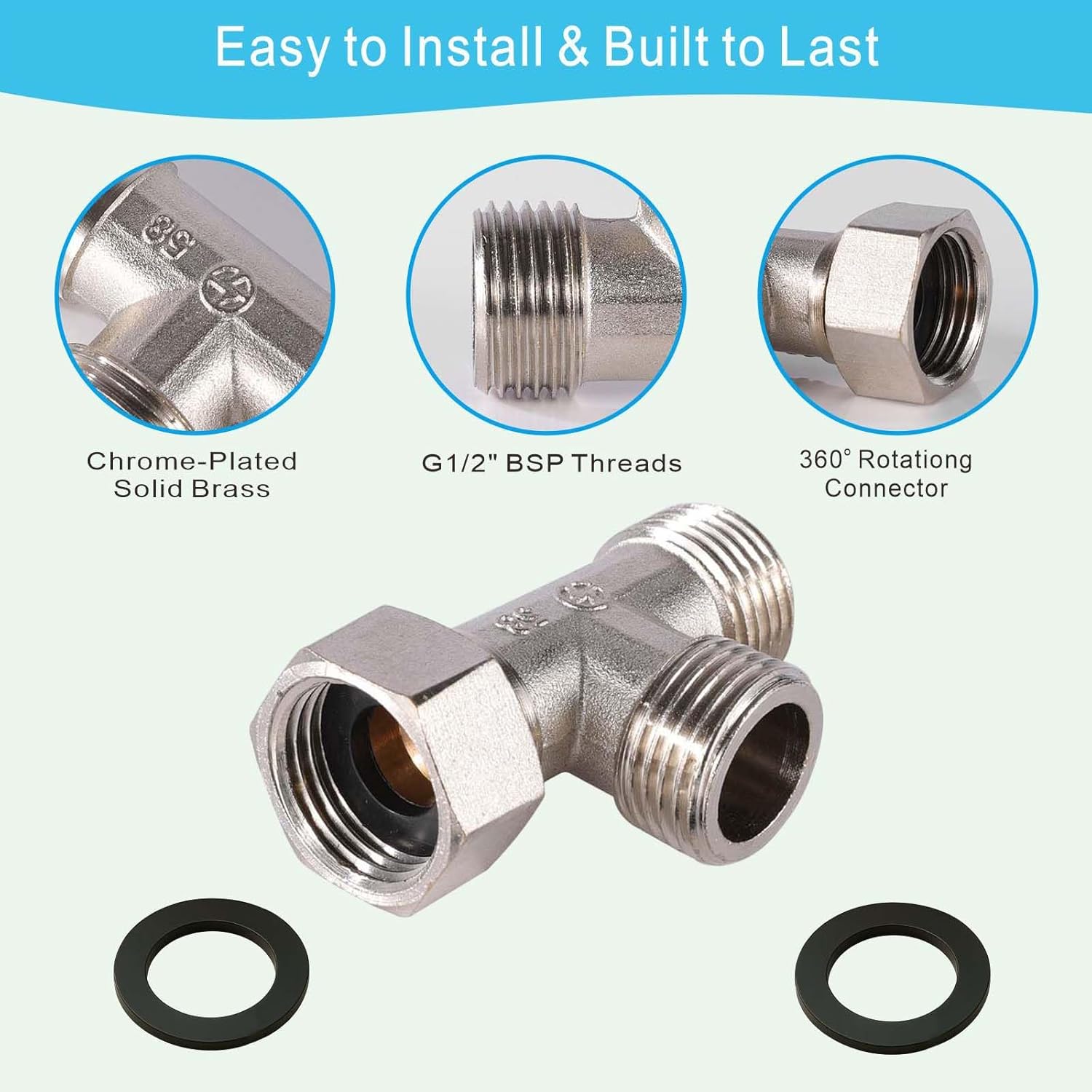 1/2" Chrome Brass Tee, Brass Chrome 3-Way Shower Diverter Valve, 1/2" Male x 1/2" Male x 1/2" Female Tee, 1/2" Tee for Shower Arm, Angle Valve, Bidet, and Sprayer Hose Applications