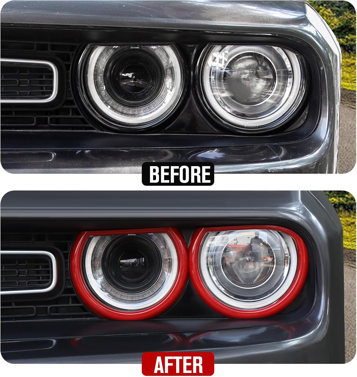 JeCar Headlight Cover & Front Fog Light Trim Exterior Accessories Compatible with Dodge Challenger 2015-2025, Red