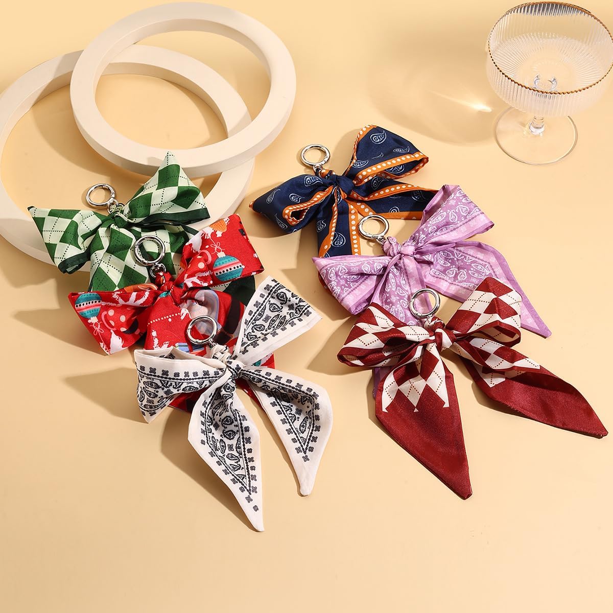 POYAMUSE Bow Scarf Keychain Bag Charm Ribbon Fabric Key Ring Boho Purse Accessory Preppy Style Backpack Decoration image 5