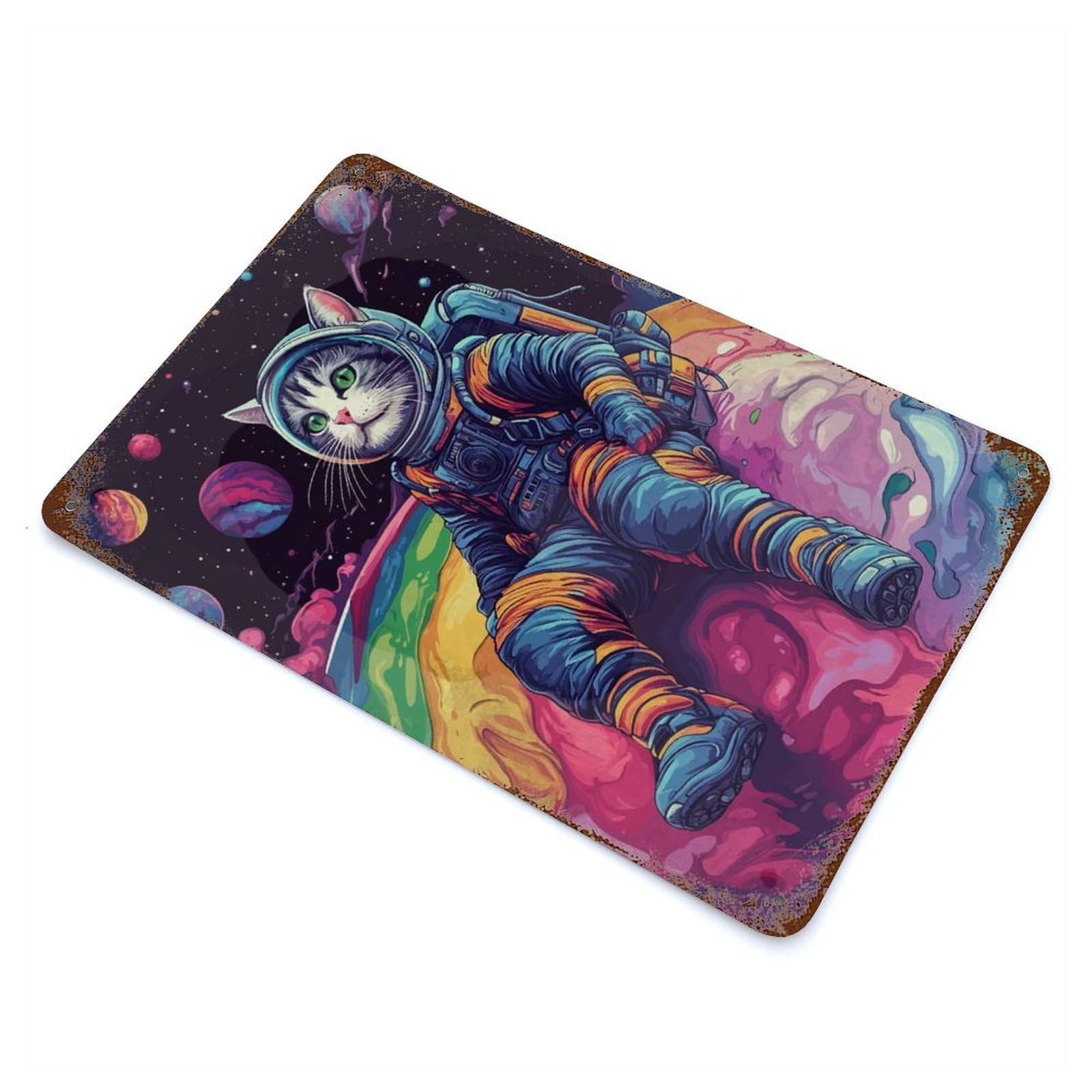 Astronaut Cat Colorful Rust Effect Tin Sign 11.8"x7.9", Farmhouse Wall Decor for Farmhouse, Kitchen And Entryway Decor