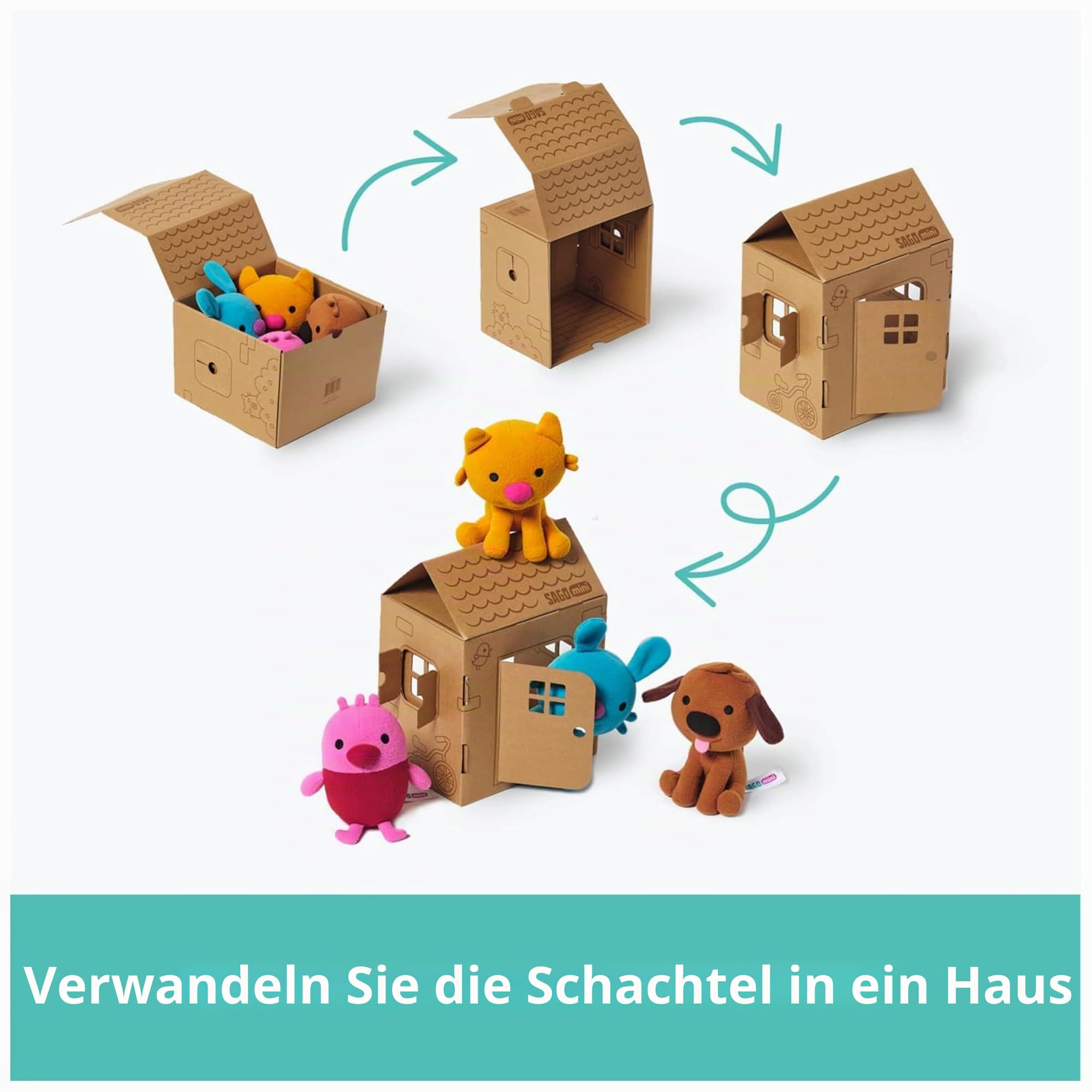 SAGO mini Plüsch-Geschenkpaket, 4 Stofftiere mit verwandelbarem Papp-Spielhaus, Kinderspielzeug für Jungen und Mädchen ab 3 Jahren