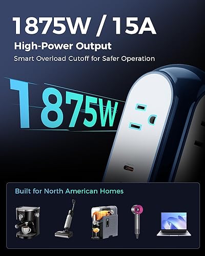 Miniatura 4 de MiaoLab Regleta de alimentación en torre de 1875 W/15 A con 4 salidas de CA + 2 USB-C (carga rápida de 30 W), protector de sobretensiones de 1420J,