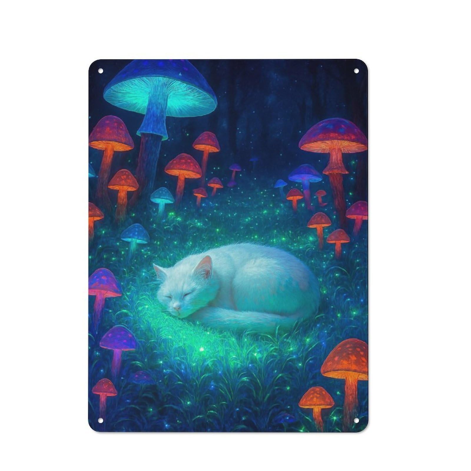Junmoney Style-20 For Lounge Or Reading Corner, Dreamy Cat In Mushroom Forest Vintage Metal Sign 40X30cm, For Collectors Decorating Lounges And Reading Corners
