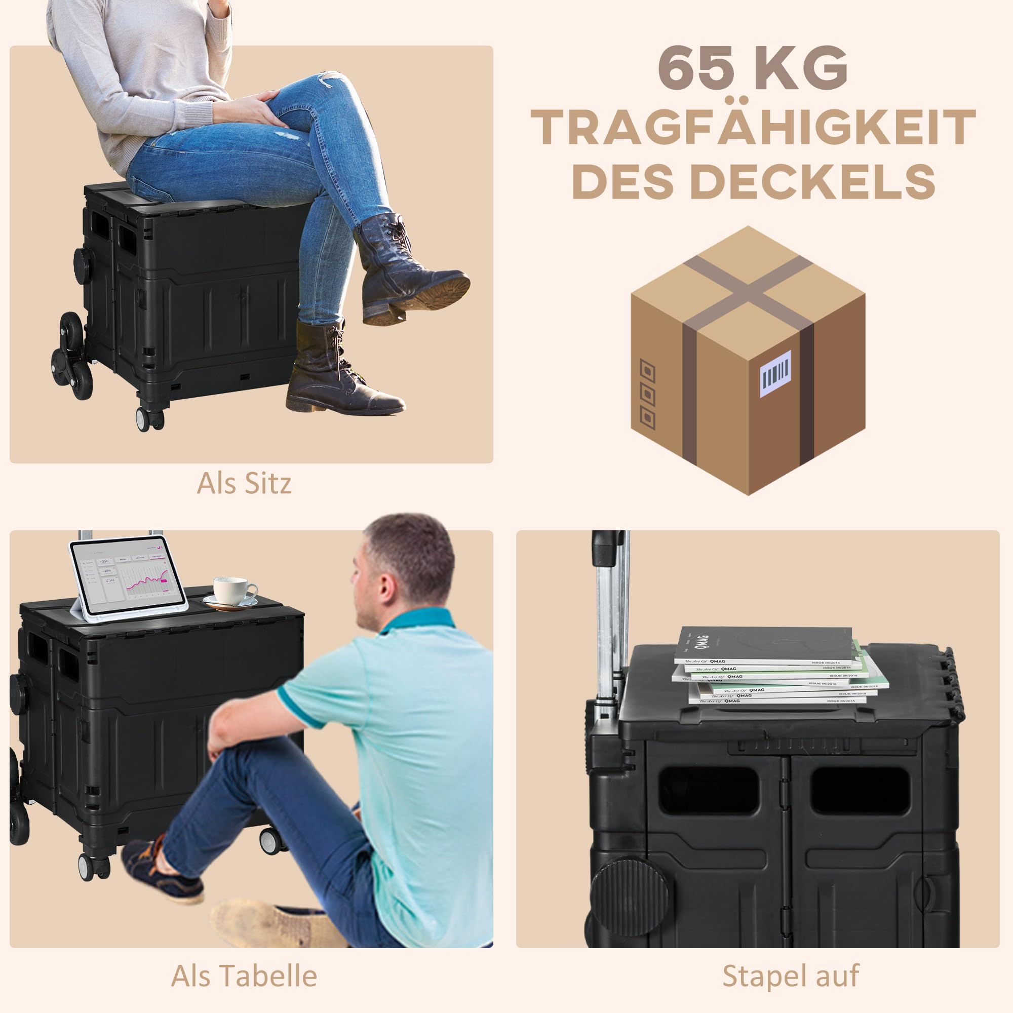 HOMCOM Wózek zakupowy składany, do schodów, 52x48x100 cm, czarny | Z kółkami, pokrywą, teleskopowym uchwytem, wózek na zakupy, do 80 kg, 51L kosz, z aluminium