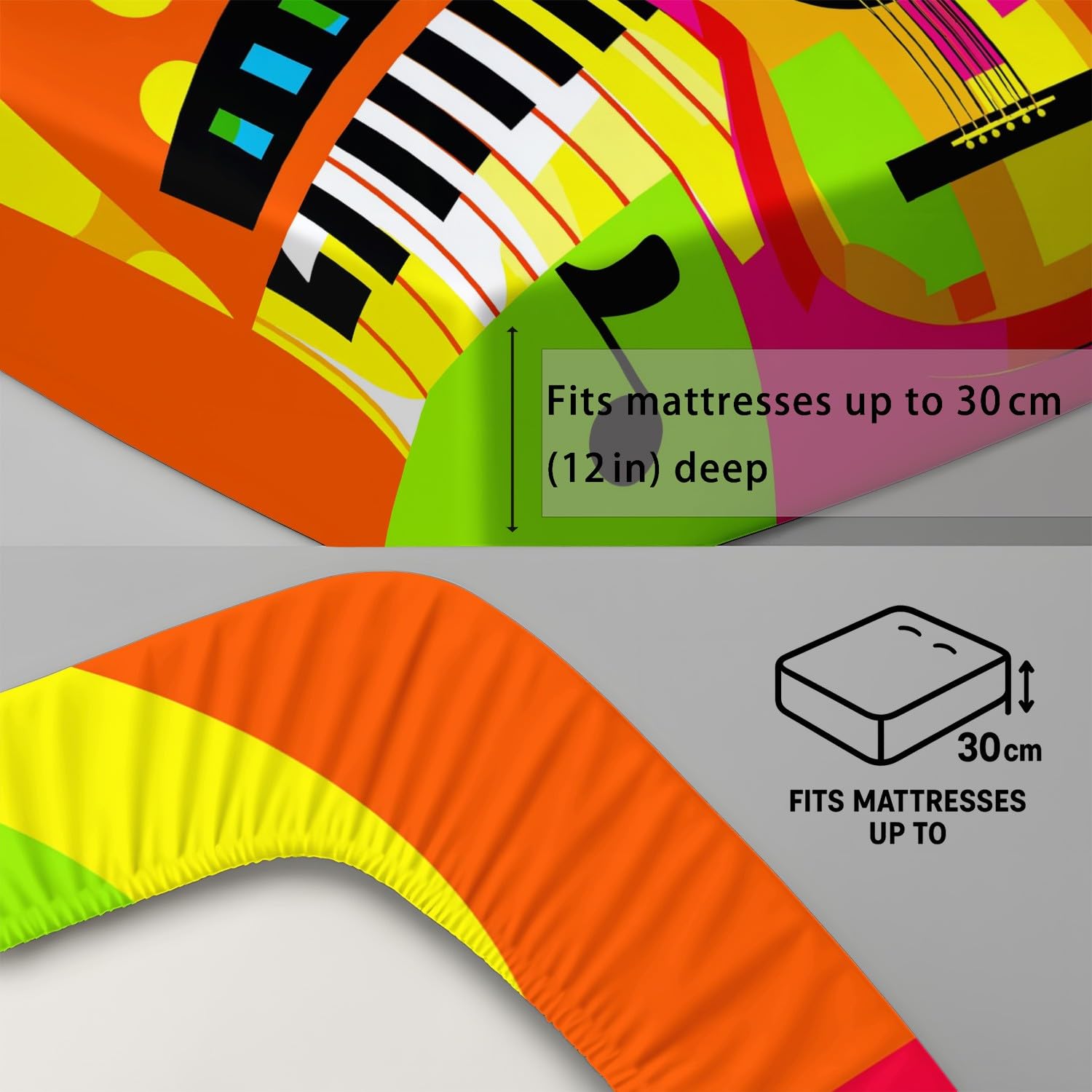 Rock Music - Sábana bajera ajustable (90 x 200 x 30 cm, 2 piezas, diseño pop art de guitarra, piano, juego de sábanas para niños, adolescentes y adultos, suave microfibra, decoración