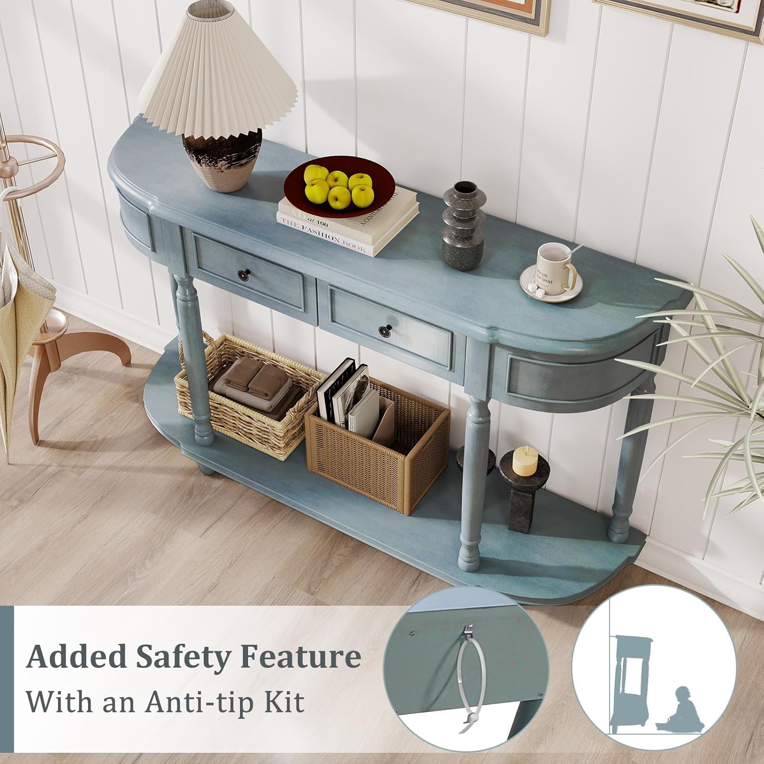 52" Blue Wood Console Table with Storage Drawers and Shelf