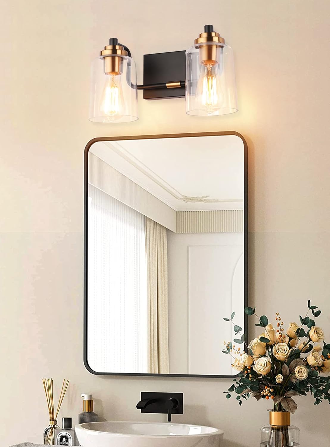 SOLFART Vintage Bathroom Vanity Light Black Bathroom Light fixtures Over Mirror Metal with Clear Glass Brass Fixtures Wall Mount Wall Lighting Sconce (2 Lights)