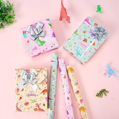 Miniatura 4 de WERNNSAI Rollos de papel de regalo de dinosaurios navideños  3 rollos de papel de regalo de dinosaurio rosa de 17 x 120 pulgadas, rollos de papel de