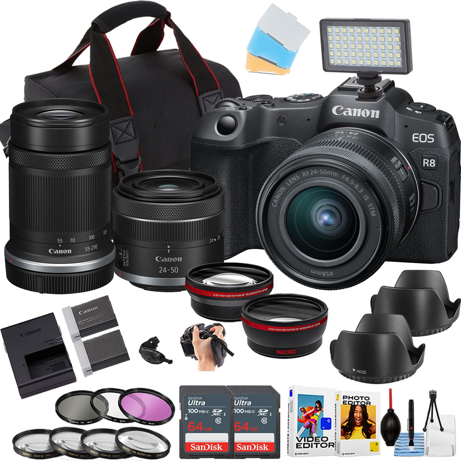 Canon EOS R8 Mirrorless Camera w/24-50mm and 55-210mm Lens + 2pc Sandisk Ultra Memory Card + Camera Case + More (18pc Bundle) (Renewed)