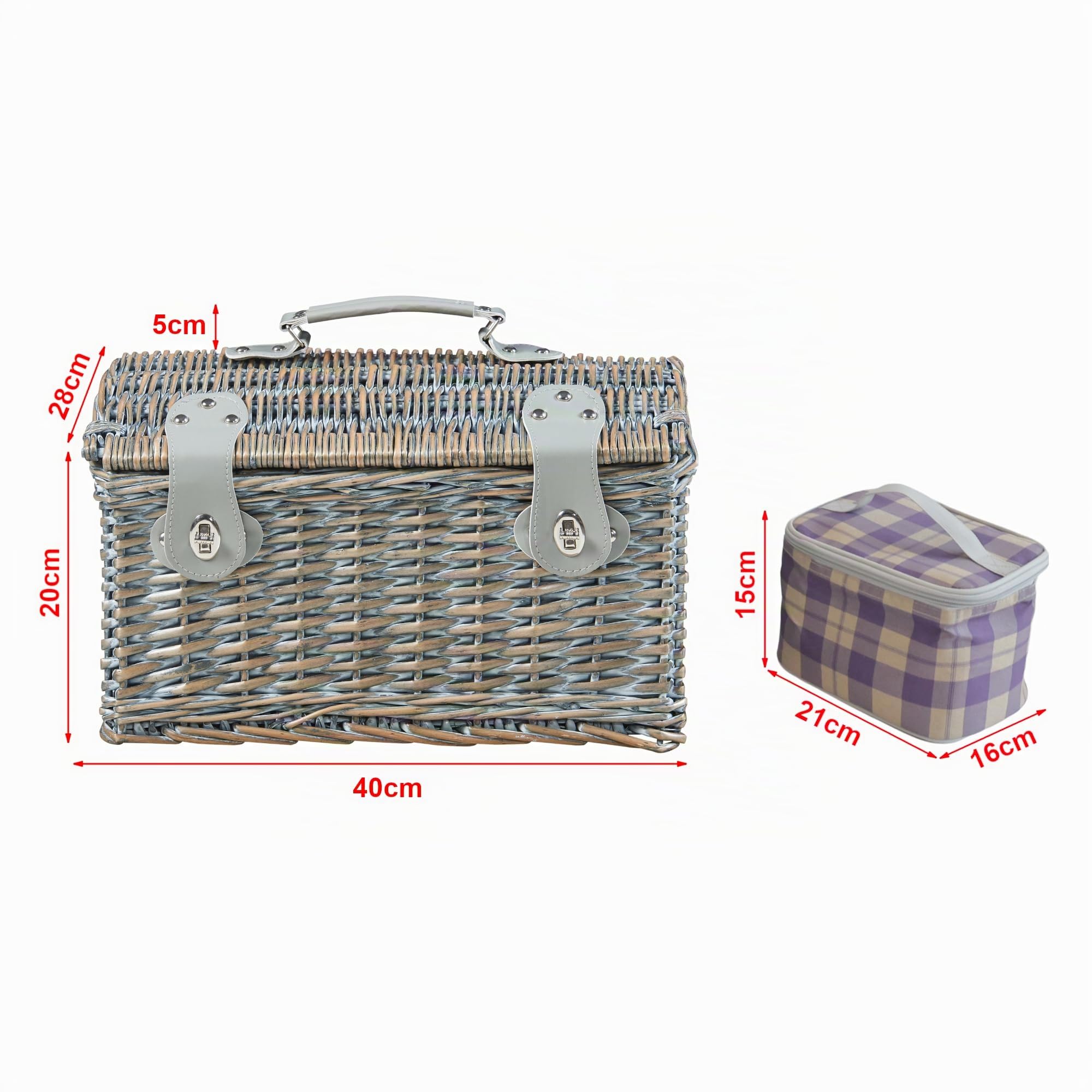 casa.pro Juego de Cesta de Pícnic para 2 Personas con Vajilla Bolsa Isotérmica Espacio Amplio para Comida Refrescos Forro a Cuadros Correas de Polipiel Mimbre 40 x 28 x 25 cm - Púrpura Beige