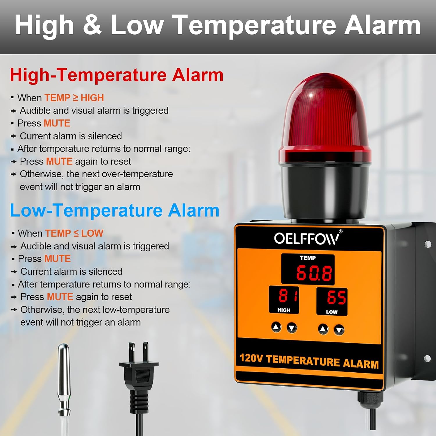 120 V Temperature Alarm, Temperature Monitor with 105 dB Integrated Sound & Light Alarm, Temp Controller for Greenhouses, Farms, Warehouses, One-Key Mute Button