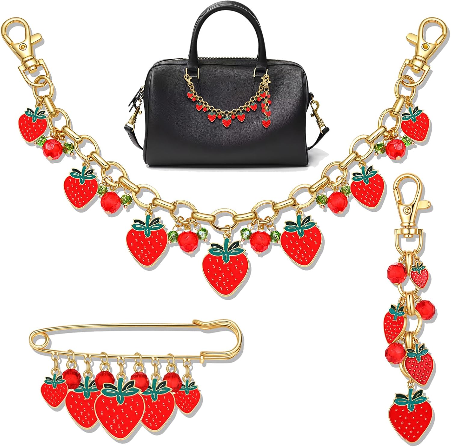 NVENF 3PCS Bag Charms Turquoise Strawberry Purse Charms for Handbags Cute Strawberry Keychain Western Purse Chain for Women Fashion Accessories (Red)