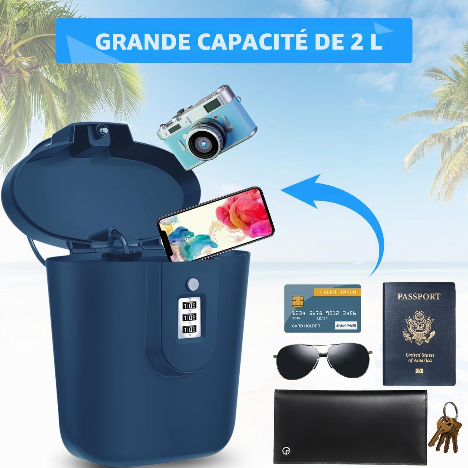 Coffre-Fort de Plage avec Serrure à Numéro, Coffre-Fort Antivol Portable pour la Plage, le Camping, les Voyages, le Sport, le Shopping (Bleu)