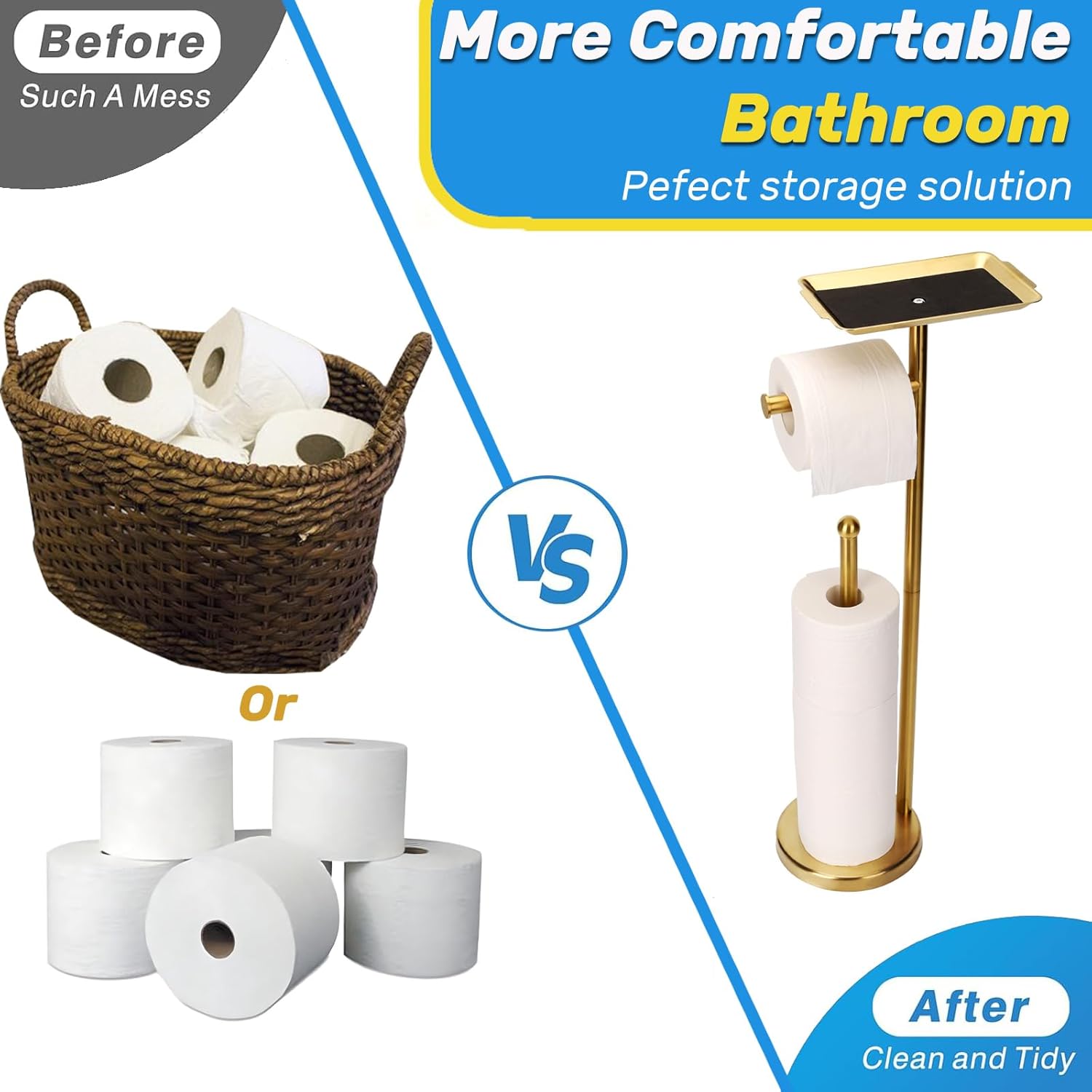 Exilon Toilet Paper Holder Stand for Bathroom Floor Freestanding Toilet Roll Dispenser Storages 4 Reserve Rolls, with Top Storage Shelf for Cell Phone (Brushed Gold)