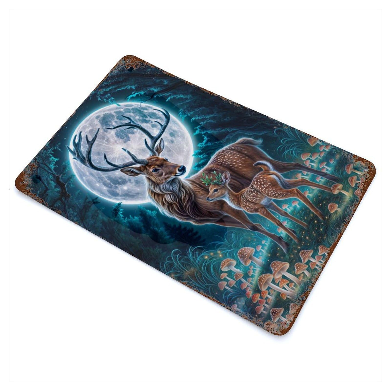 Deer Fawn Moonlit Forest Decorative Tin Sign 11.8"x7.9", Farmhouse Wall Decor for Garage, Bar And Workshop Decor