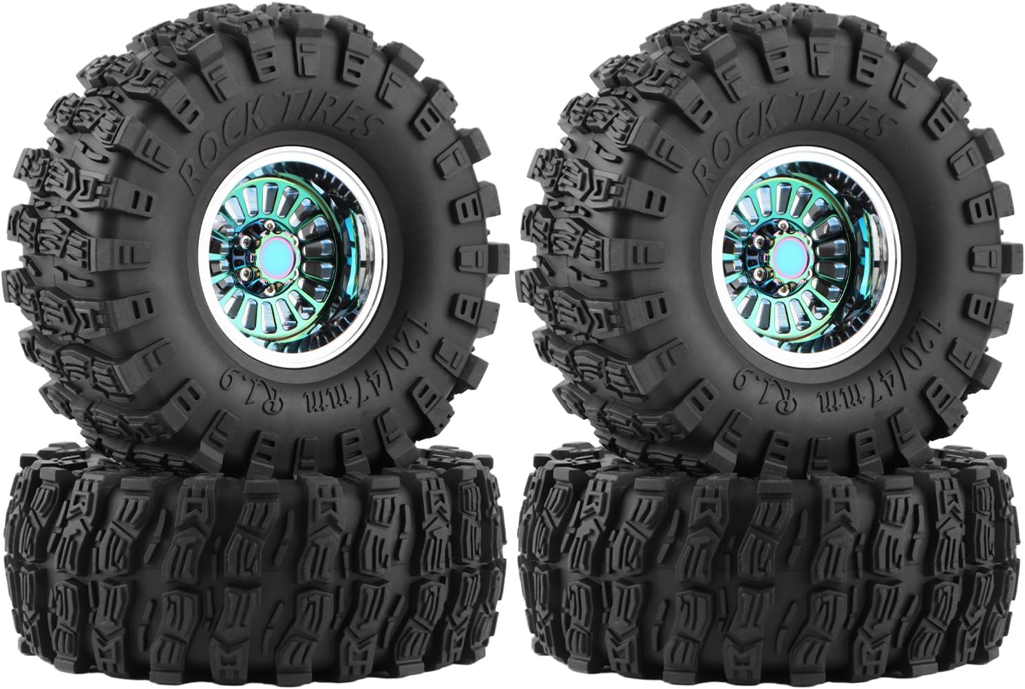 1.9 Beadlock Wheels and Tires Set, 120/47mm RC Tires, Deep Dish Offset -10mm Aluminum Color Turbine Beadlock Wheel Rim Hub for 1/10 RC Crawler TRX4 SCX10 GEN7 GEN8 VS4-10 Upgrades, 4PC