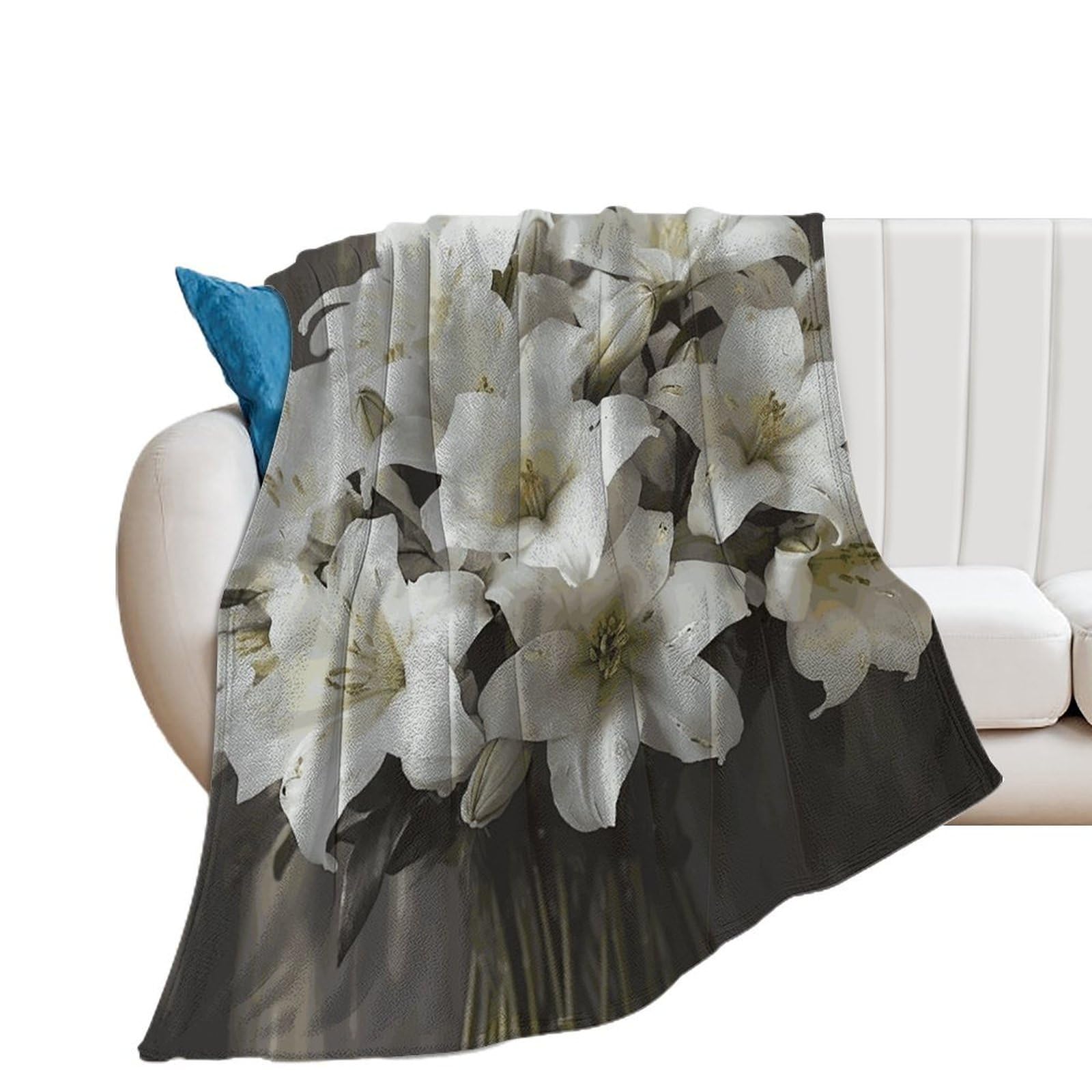 Couverture en flanelle de luxe imprimé lys blancs pour canapé et lit