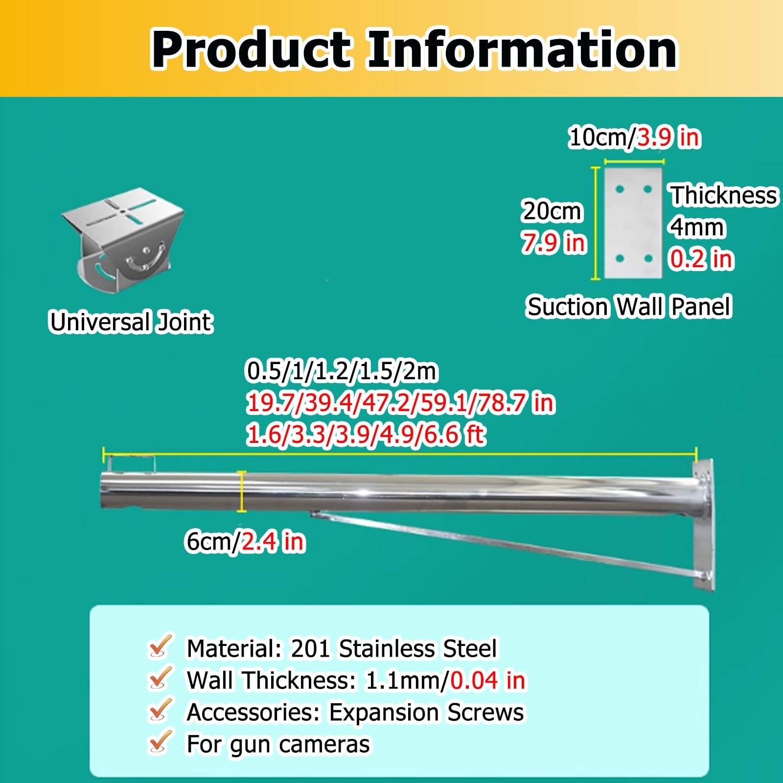 Este Poste de Montaje en Pared de Metal de 1,8 m (6 pies) para cámaras CCTV, Soporte de Seguridad extralargo para cámaras IP/PTZ/Domo/Caja, Soporte Duradero para una Mejor vigilancia en exte