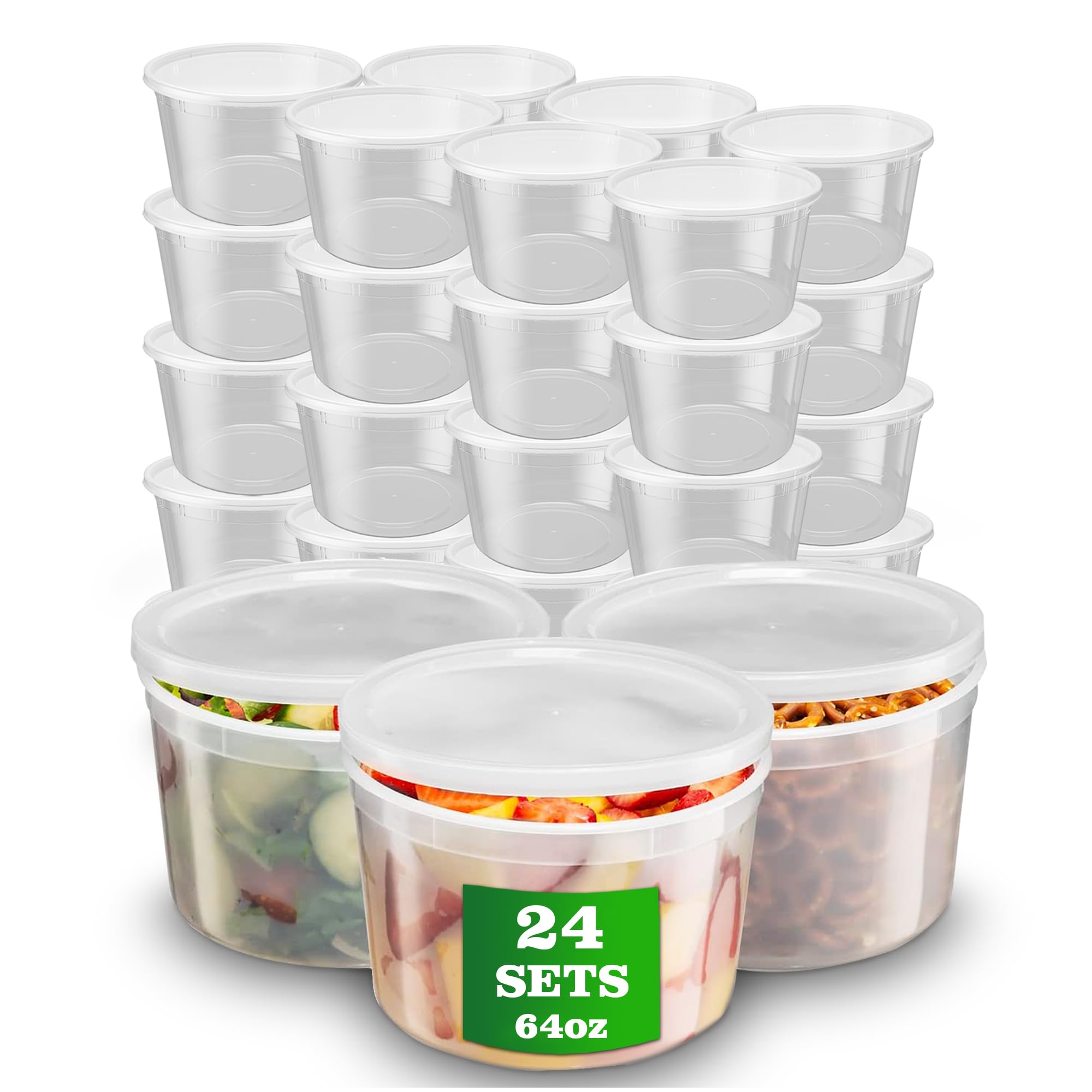 APSIC Plastic Deli Containers with Lids, 24 Sets 64oz Leakproof Soup Storage Containers for Restaurant, Round Takeout Deli Cups for Food Slime Meal