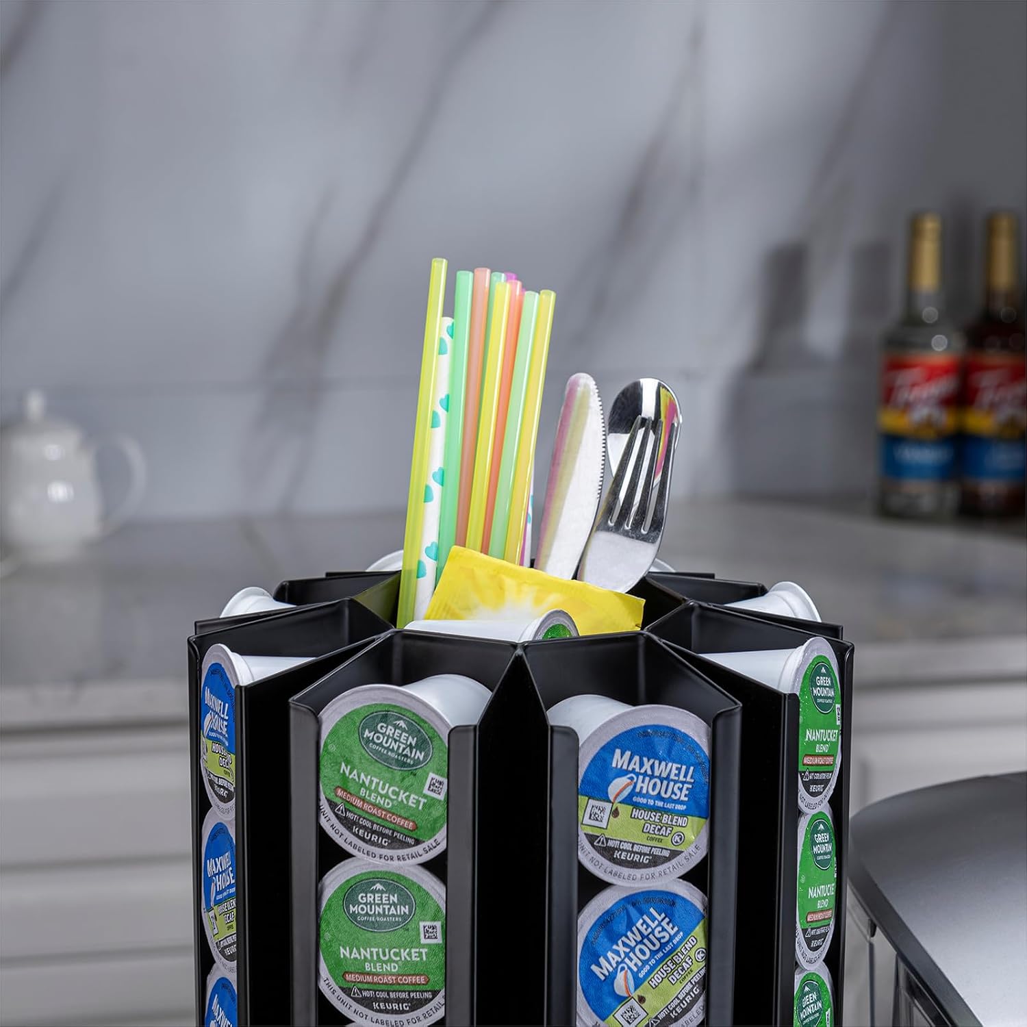 Coffee pods holder,K Cup holder, Pod Holder Stand with Carousel 360 Degree,Central Additional Pods Storage(Black)