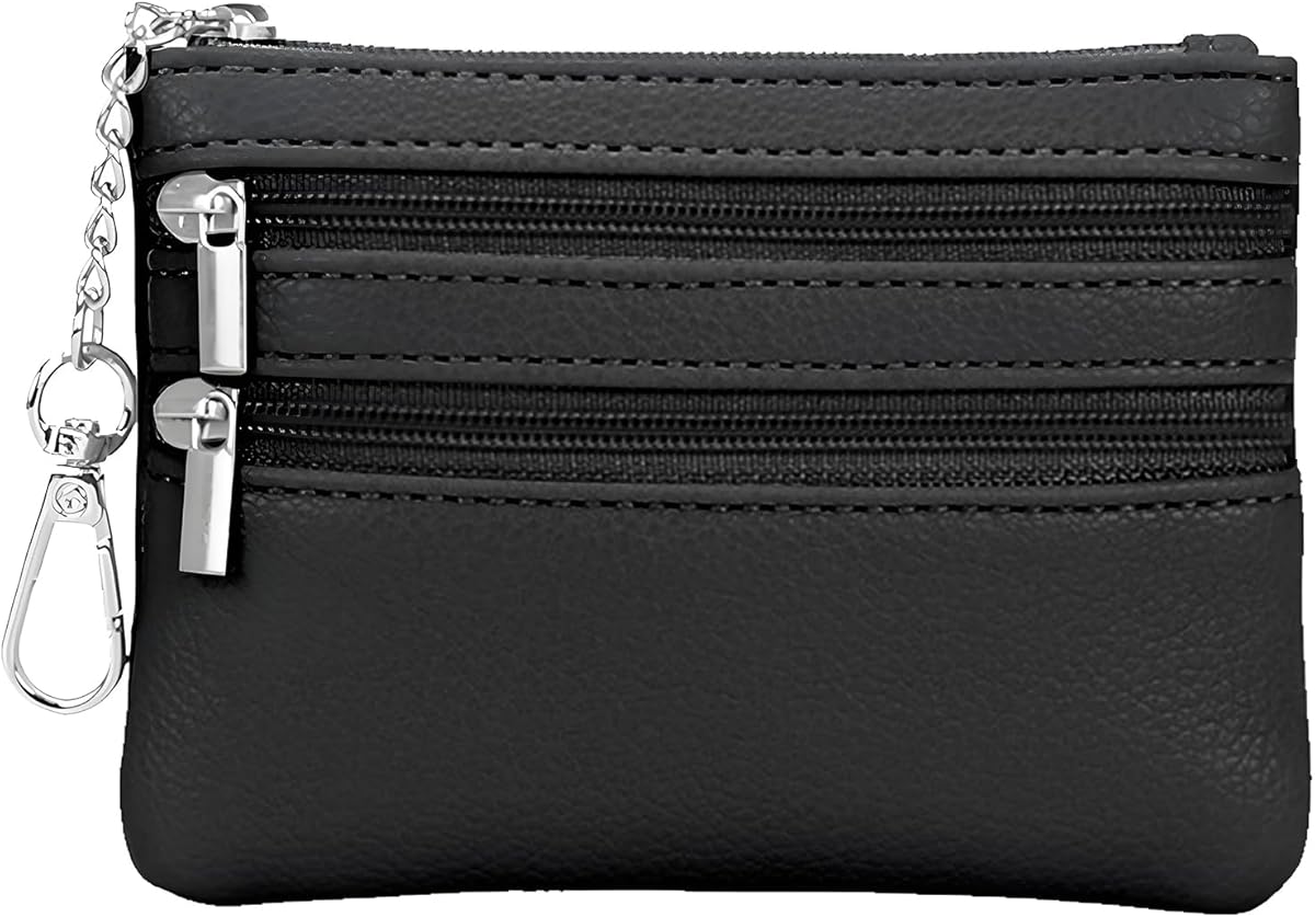 TENOC Small PU Leather Coin Purse Change Pouch Card Holder Keychain Wallet for Women Men with Zip Key Ring, Black