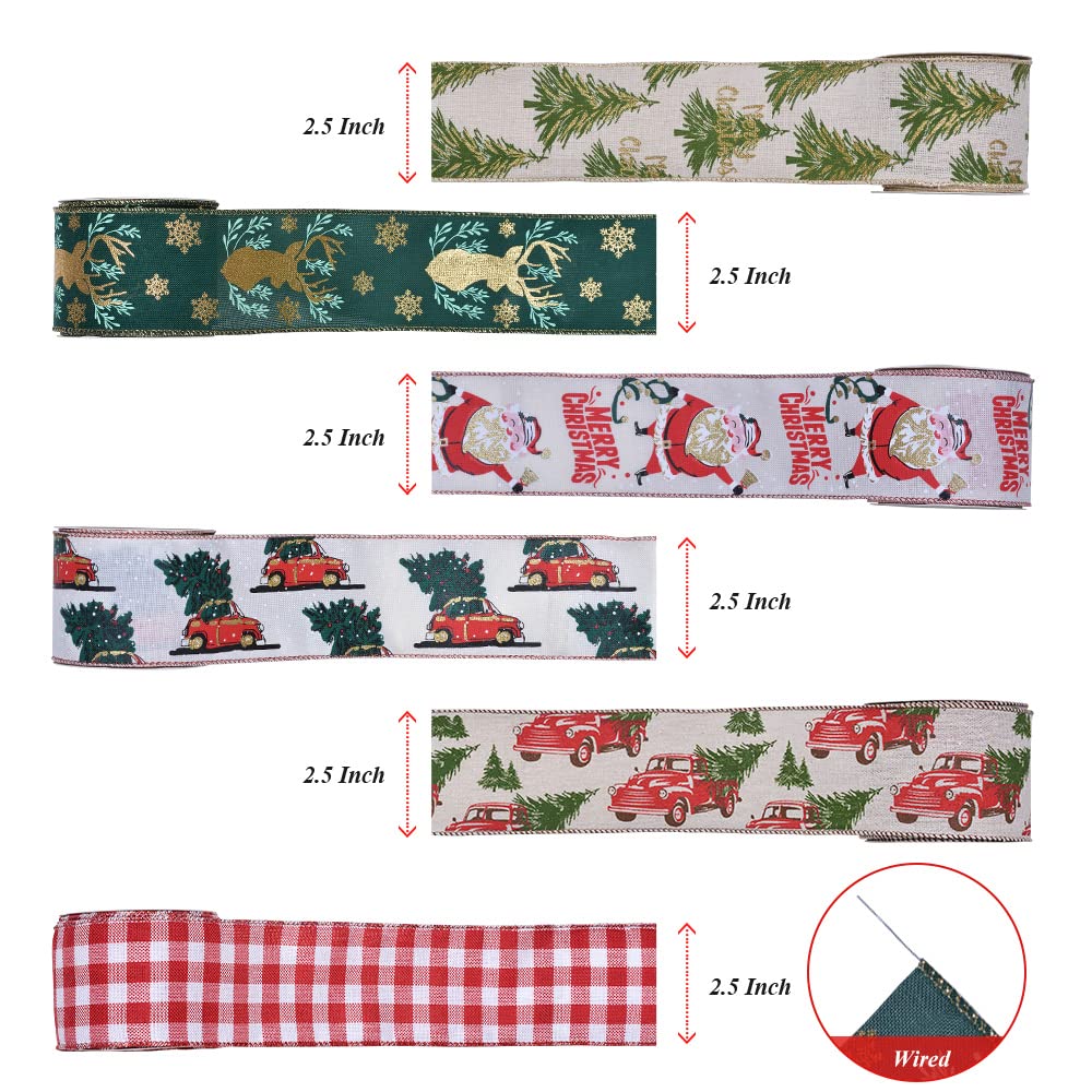 YAMA Drahtband für Weihnachten, 6 Rollen, 30 Meter, 6,3 cm breit, Baumwagen, rot/grün, kariert, zum Verpacken von Kränzen, Schleifen, DIY