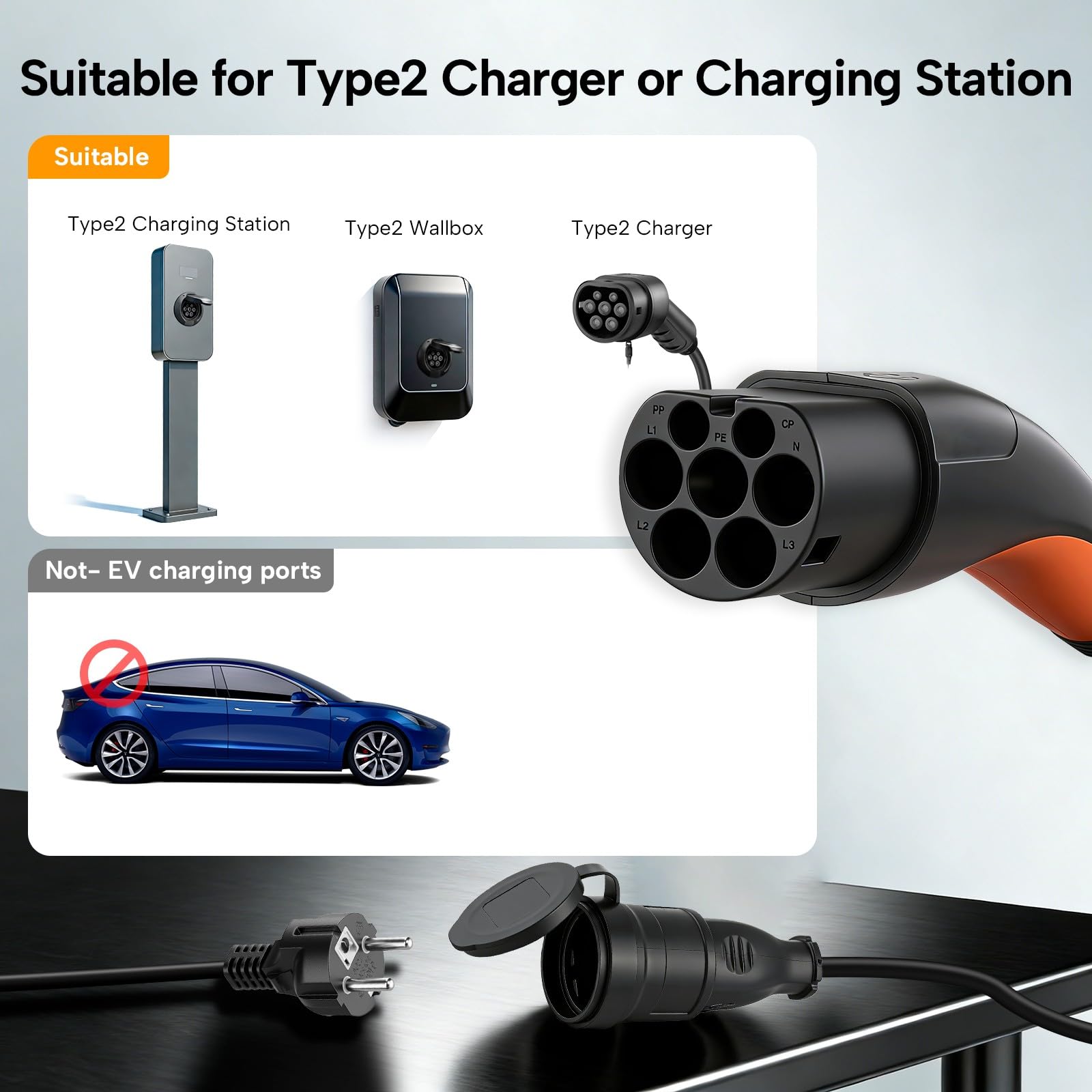 typu 2 do Schuko Adapter, maks. 16 A, 3,5 kW, 3 m, kabel typu 2 do Schuko do stacji ładowania lub wallboxów do motocykli elektrycznych i rowerów elektrycznych