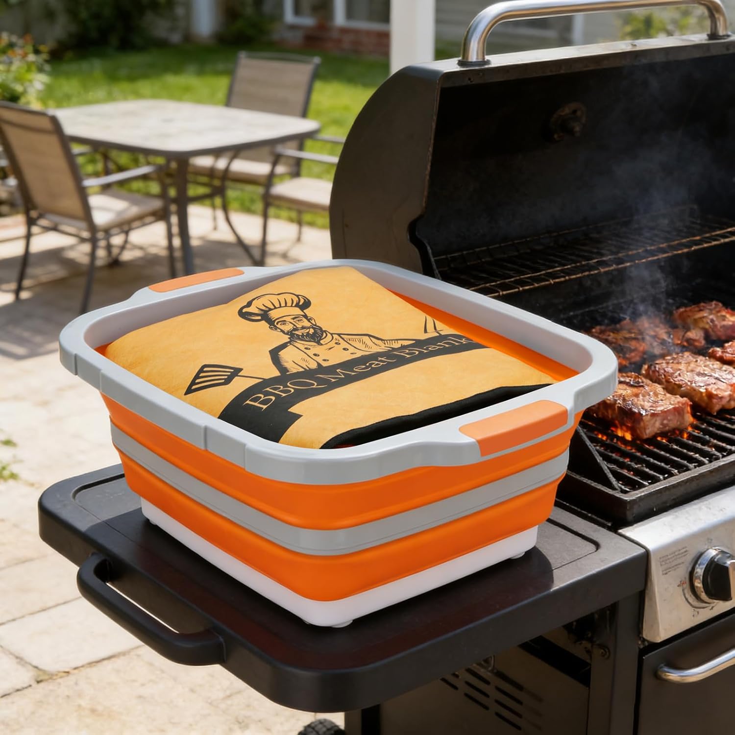 8L Collapsible BBQ Prep Tub with Locking Lid Cutting Board for Marinating Food Storage - Portable Wash Basin Colander for Kitchen Camping Sink - Foldable Bucket for Household Baking Picnic Tailgate