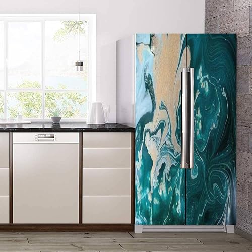 Miniatura 3 de Juego de envoltorio de vinilo autoadhesivo para refrigerador, diseño abstracto de mármol, acrílico, azul, textura de mármol, mural de puerta con