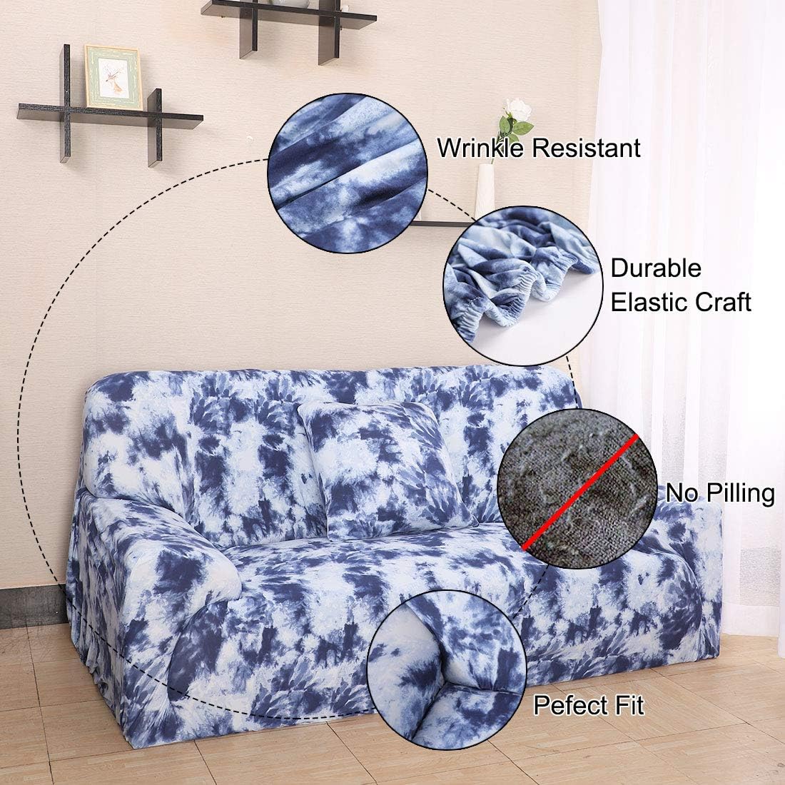 uxcell Stretch Sofa Cover Tie-dye Craft Graffiti Printed Couch Slipcovers Elastic Furniture for Sofas Armchair with One Pillowcase Blue X-Large
