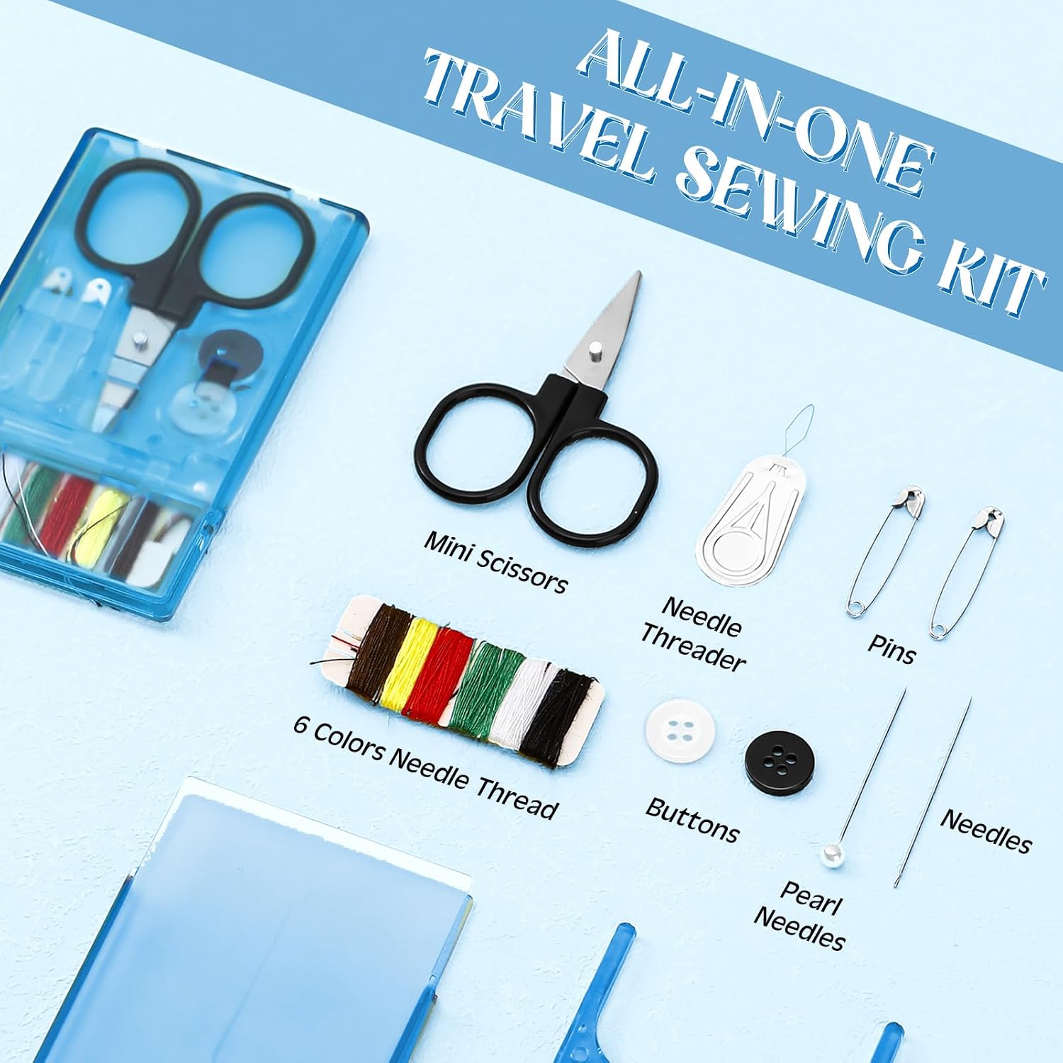 Knitgrip 100 Boxes Mini Sewing Kit, Small Travel Kit with Scissor, Blue image 3