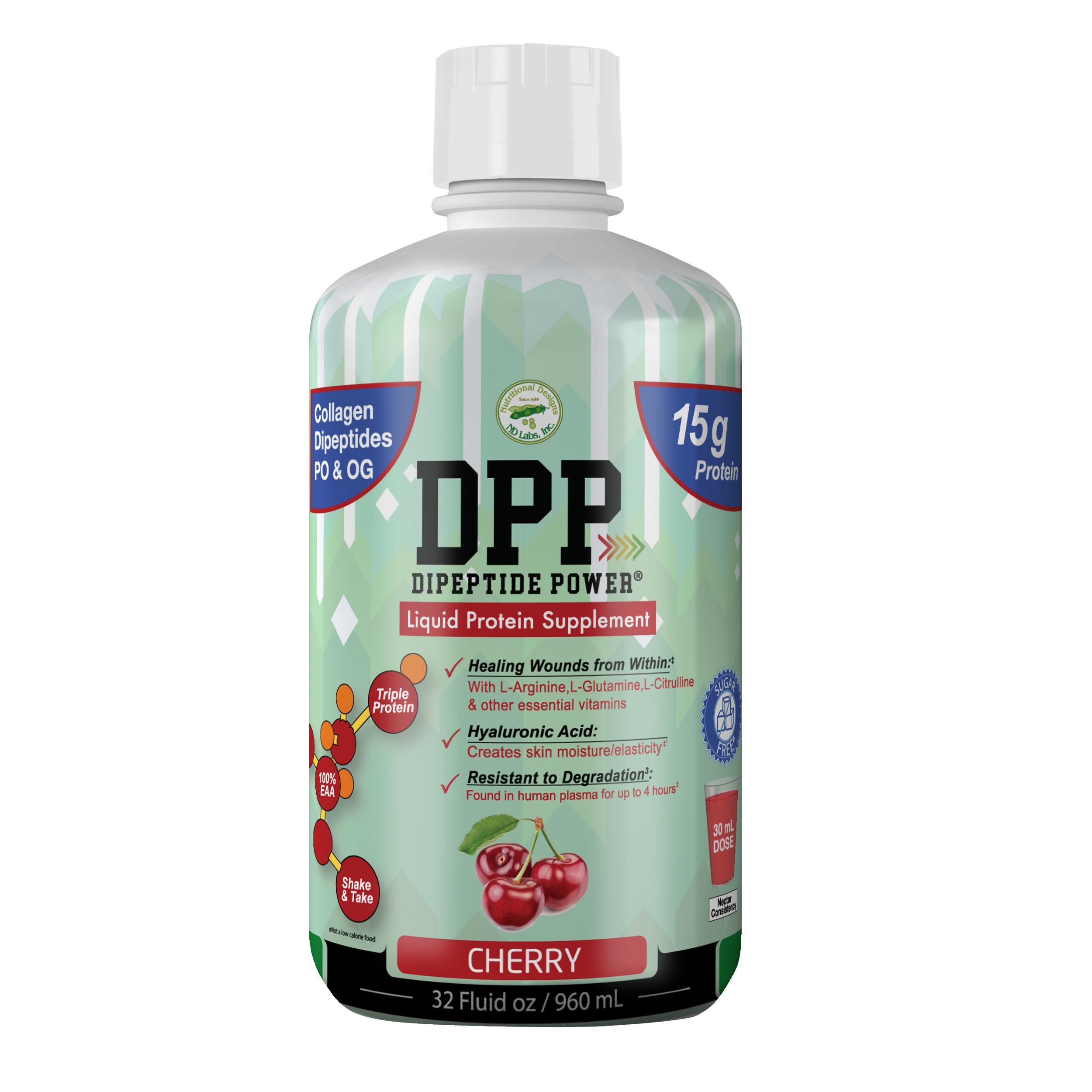 DPP Dipeptide Power, Wound-Healing, 30X More Collagen Dipeptides Than Powder, Liquid Protein Supplement, Sugar-Free, Supports Healthy Tissue Repair, Foot Ulcers, Cosmetic Surgery (Cherry, 32 Fl Oz)
