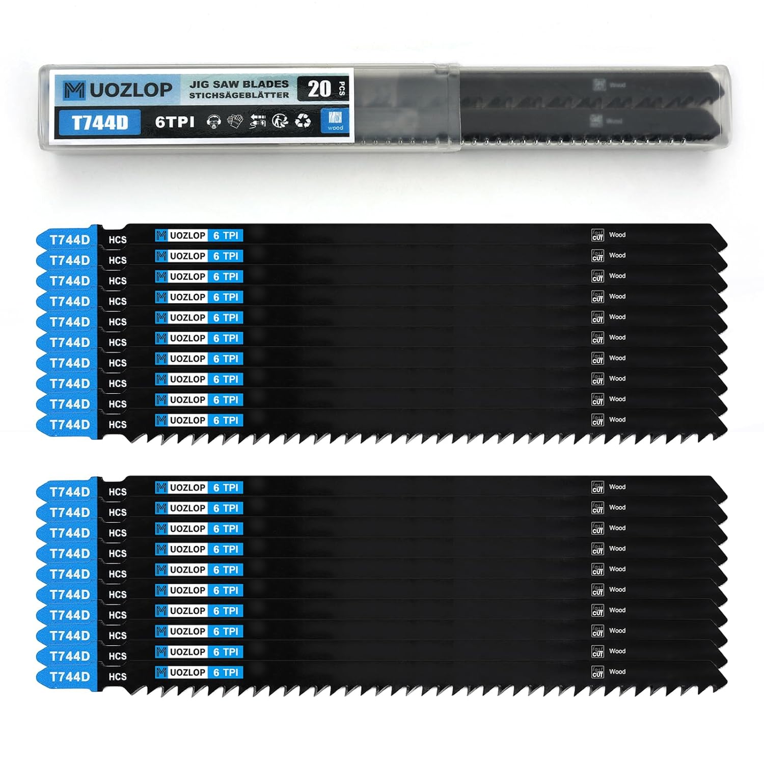 20pcsT744D Jigsaw Blades，6TPI Jig Saw Blades with Storage Case,T-Shank jig Saw Blades for Wood Cutting (20pcsT744D)