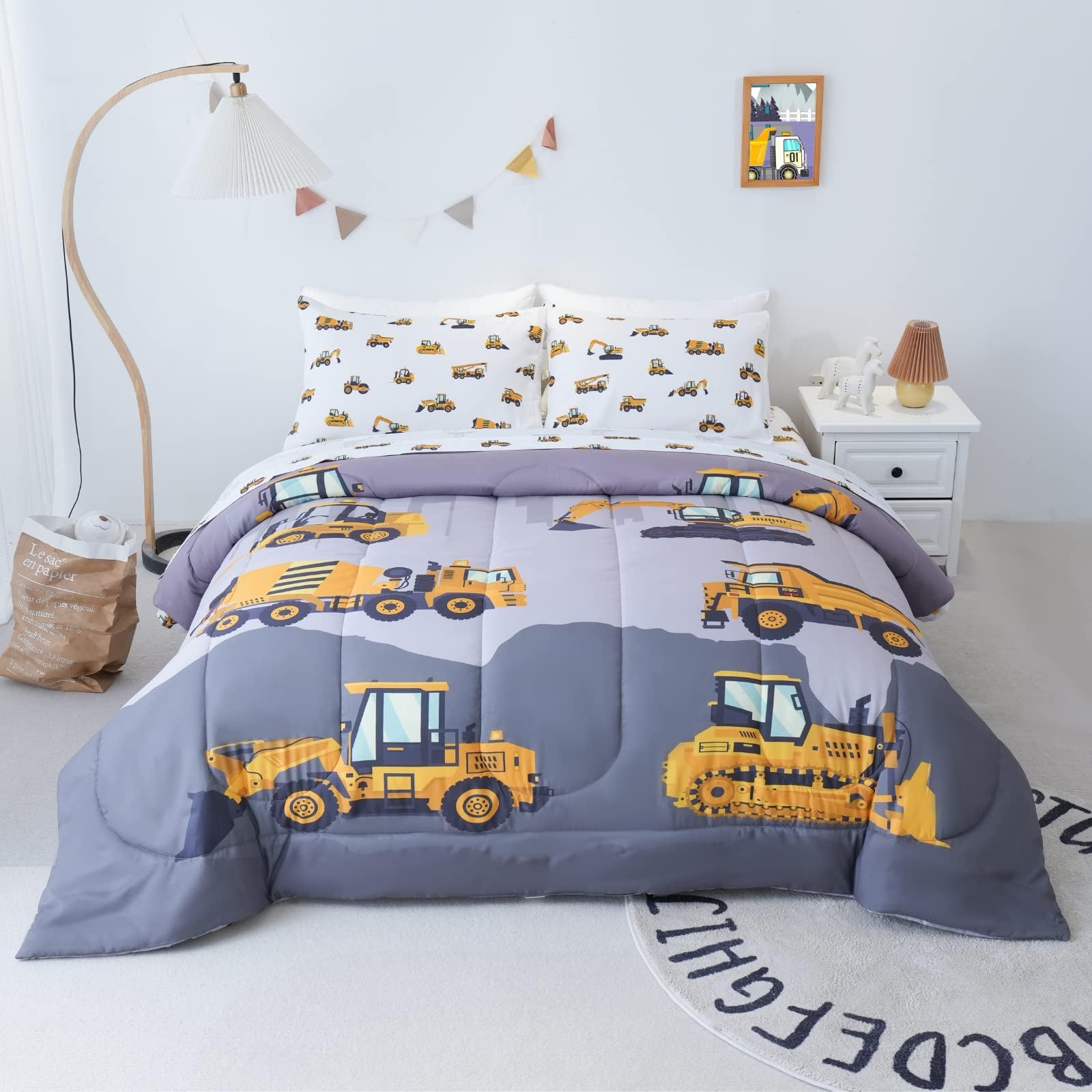 Twin Size Comforter Set for Boys, 4-Piece Bed in a Bag, 3D Construction Bedding Comforter Sheet Set, Ultra Soft and Fluffy, Cartoon Truck Cars