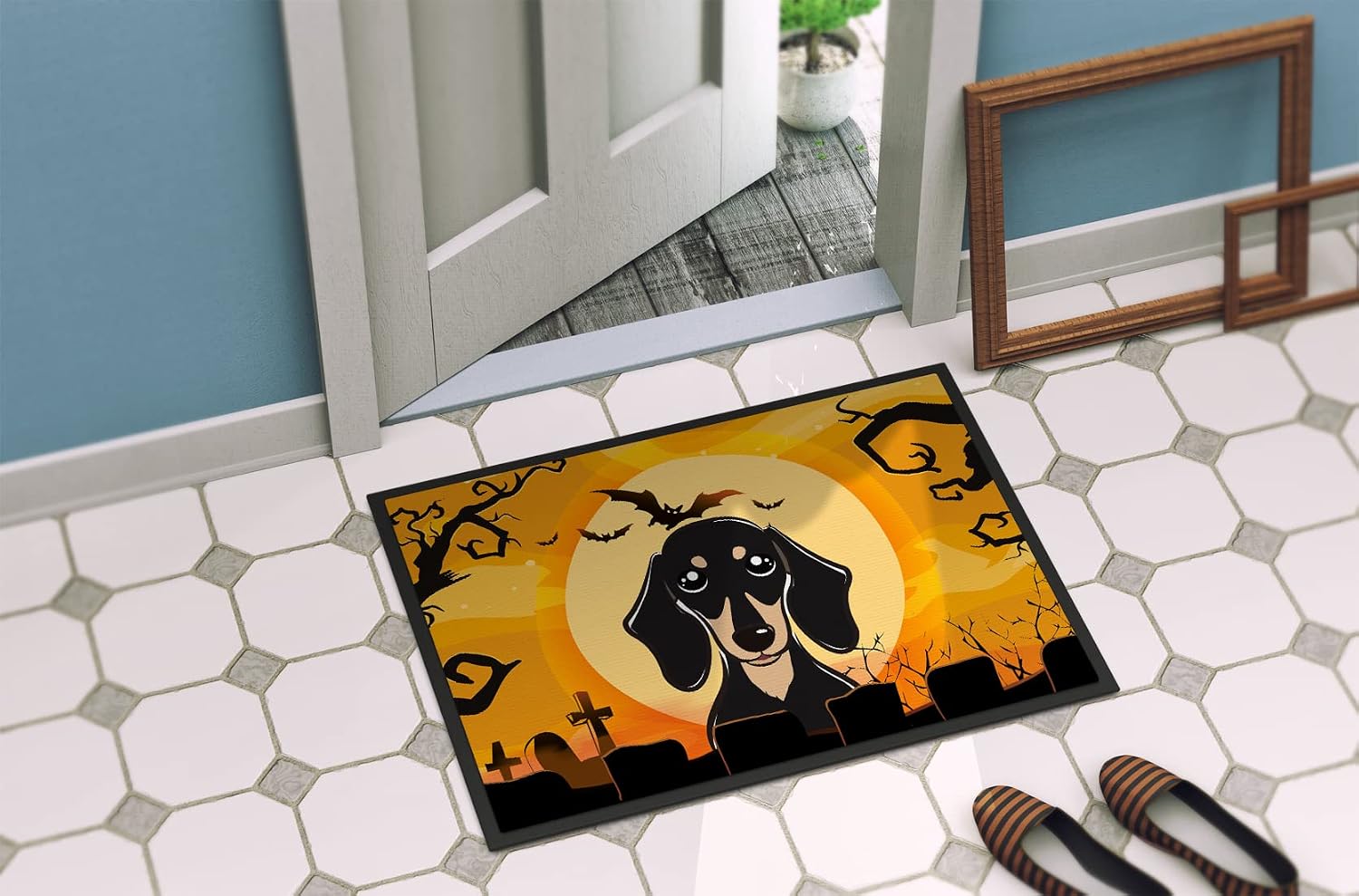 Caroline's Treasures BB1773JMAT Halloween Smooth Black and Tan Dachshund Doormat 24x36 Front Door Mat Indoor Outdoor Rugs for Entryway, Non Slip Washable Low Pile, 24H X 36W