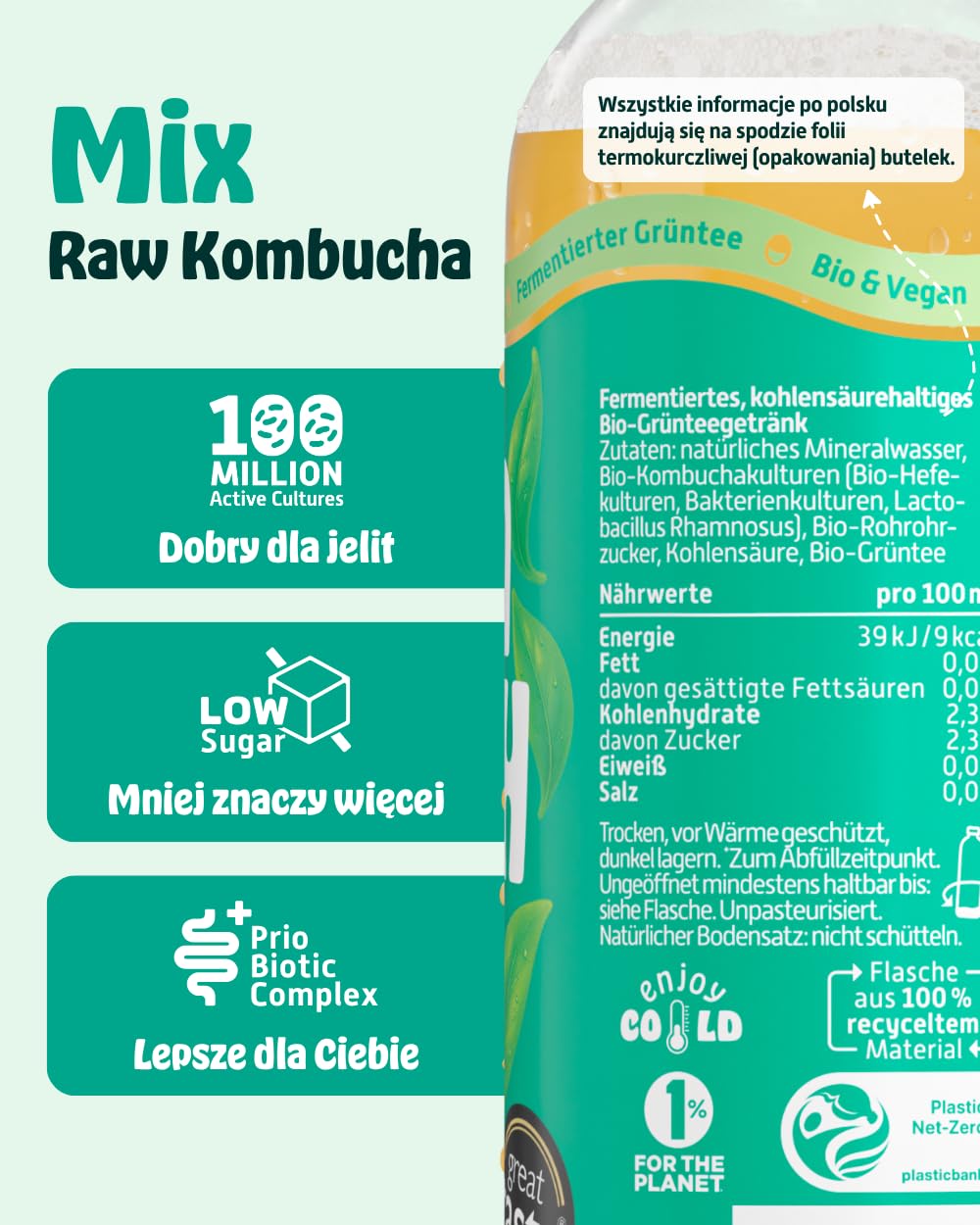 KOMBUCHERY® Mix Raw Kombucha Bio | 18 x 400 ml | Fermentowana herbata z żywymi kulturami jelitowymi | Niska zawartość cukru i niskokaloryczna | niepasteryzowana, probiotyczna, wegańska, zwycięzca