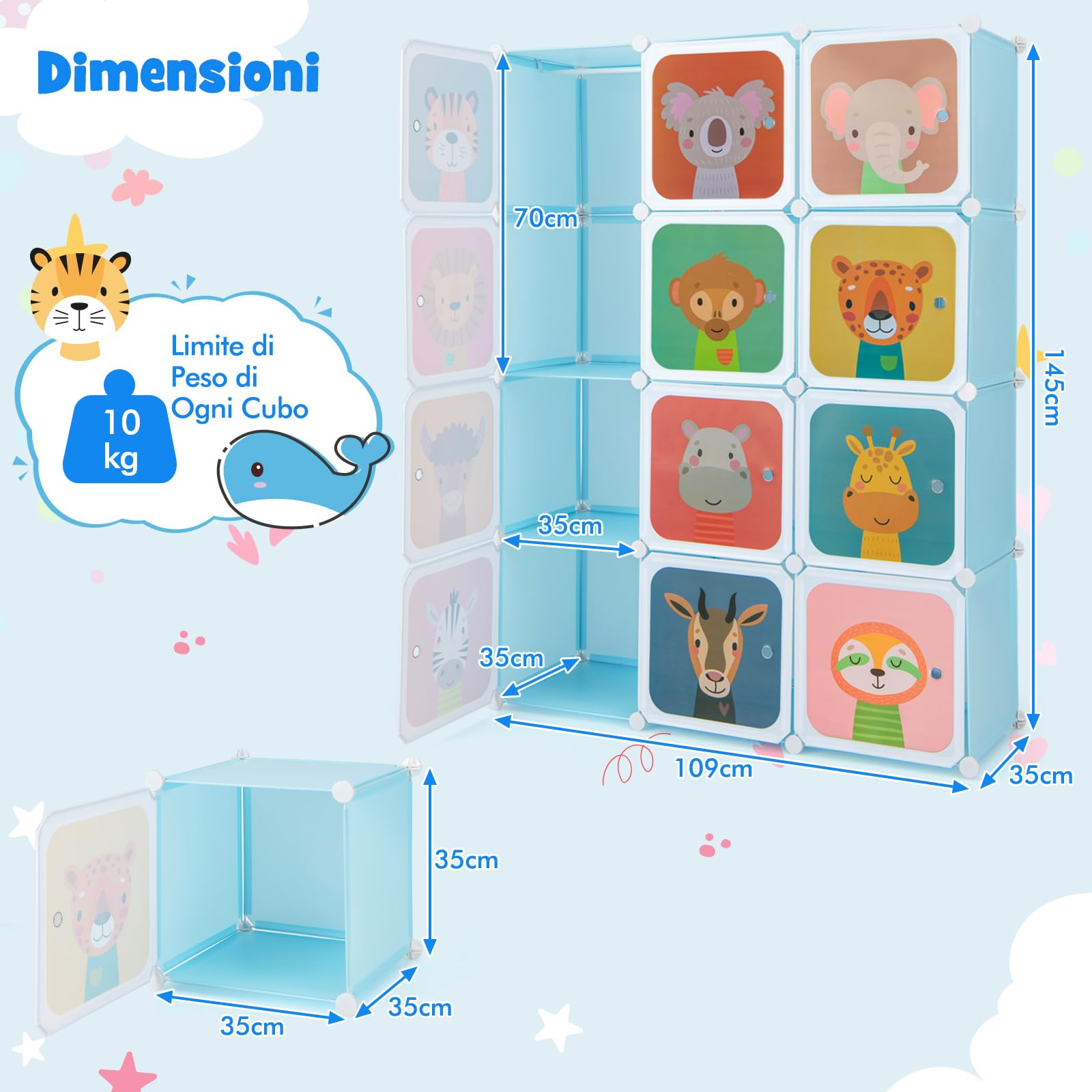 COSTWAY Guardaroba Portatile per Bambini, Armadio Portatile con 12 Cubi, Organizzatore Modulari per Camera dei Bambini Soggiorno, 109 x 35 x 145 cm (Blu)
