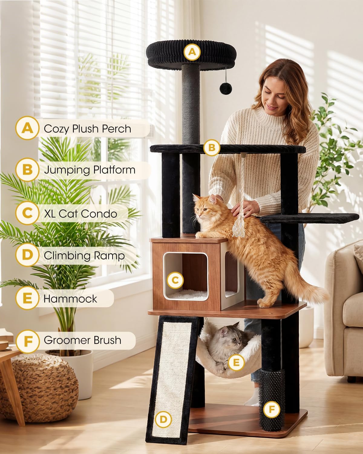 61" Modern Cat Tree Tower for Indoor Cats, Luxury Climbing Tower with Plush Lounge, Kitty Condos, Hammock & Scratching Posts, Classic cat Furniture (Walnut)