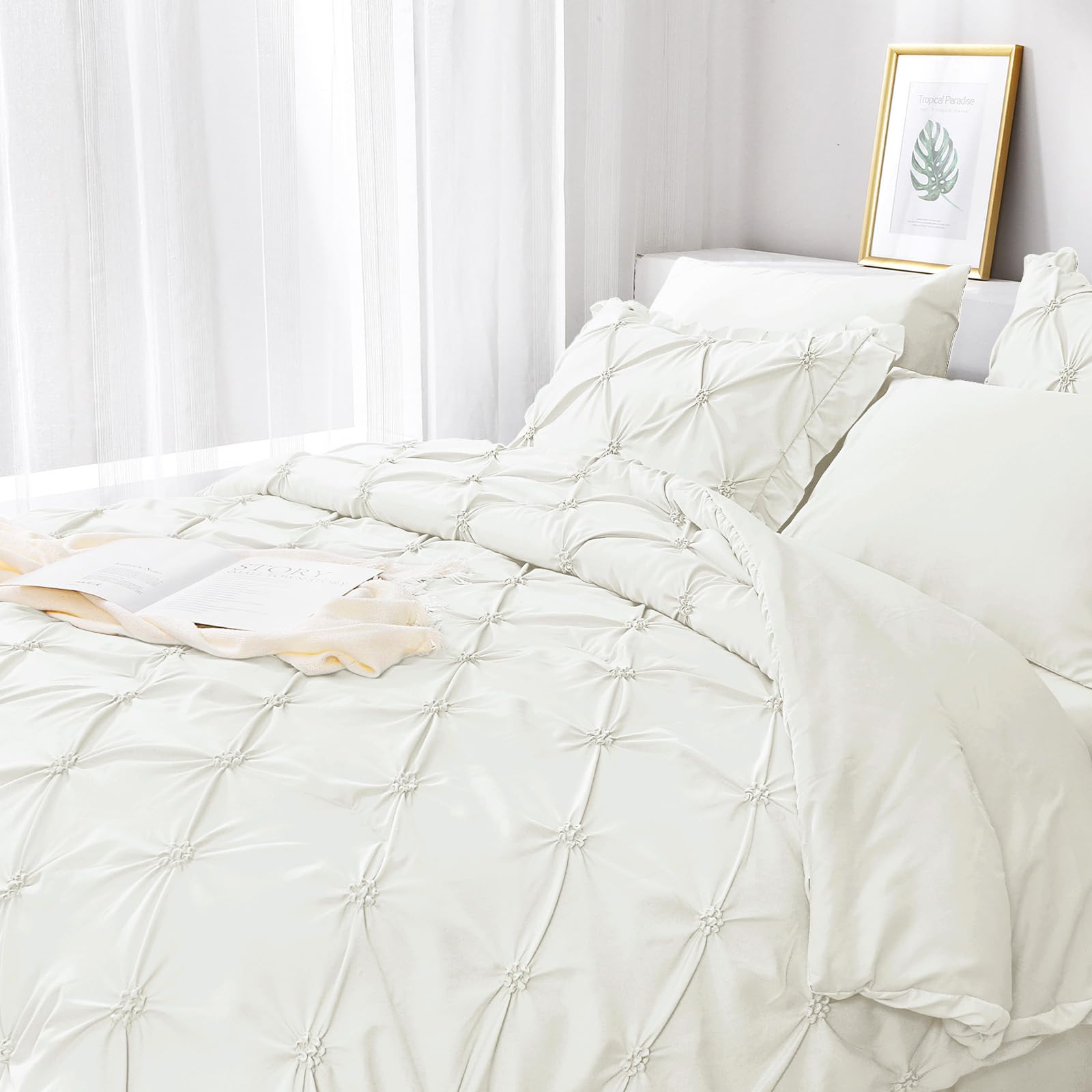 JOLLYVOGUE Ivory Queen Size Comforter Sets 7 Pieces, Pintuck Bed in a