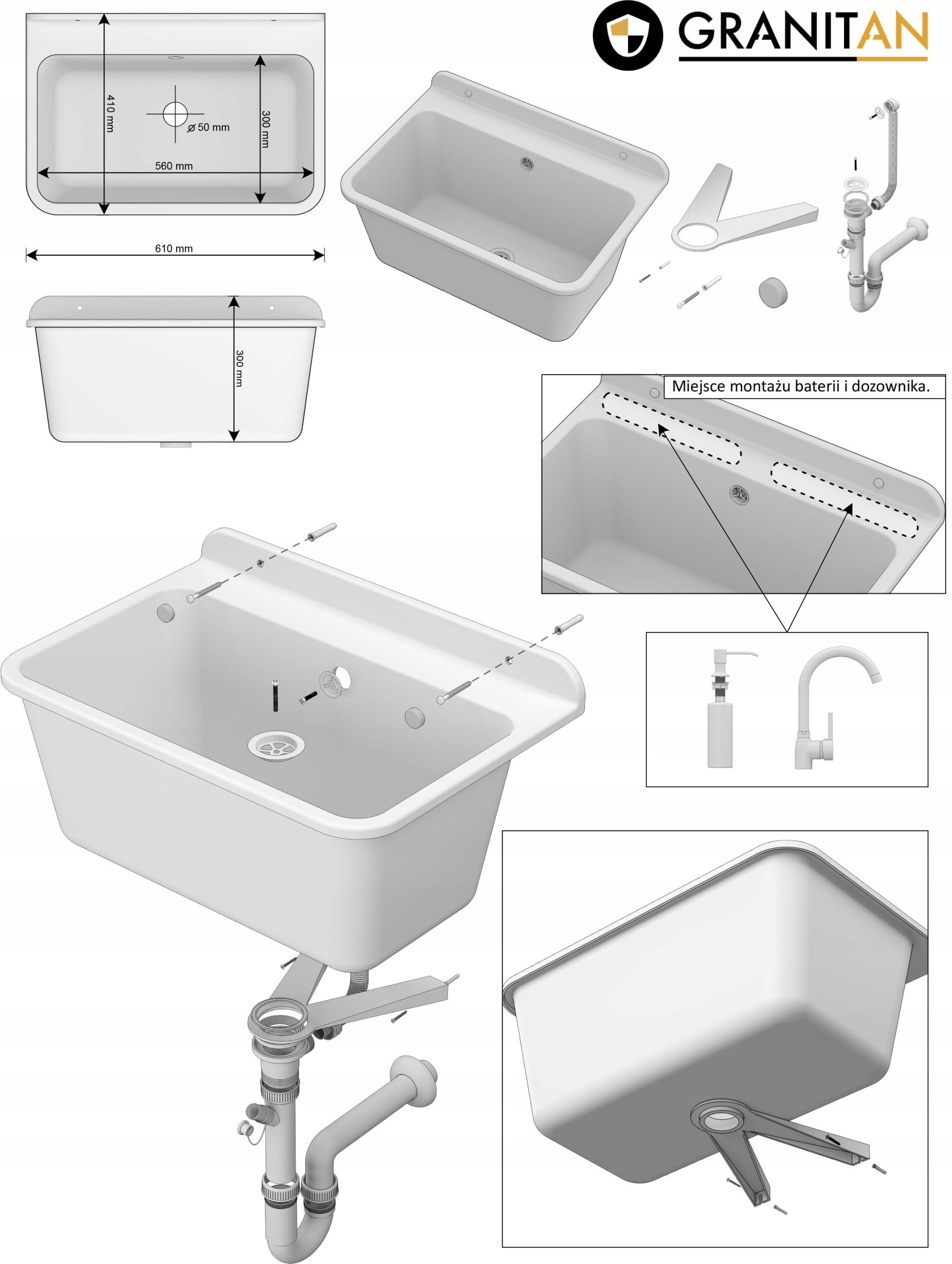 Évier Extérieur Buanderie - Évier lavoir Buanderie - Lavabo extérieur avec siphon - Lavabo mural en polypropylène - 61 x 41 x 30 cm - Blanc + batterie de lavabo BETA - GRANITAN