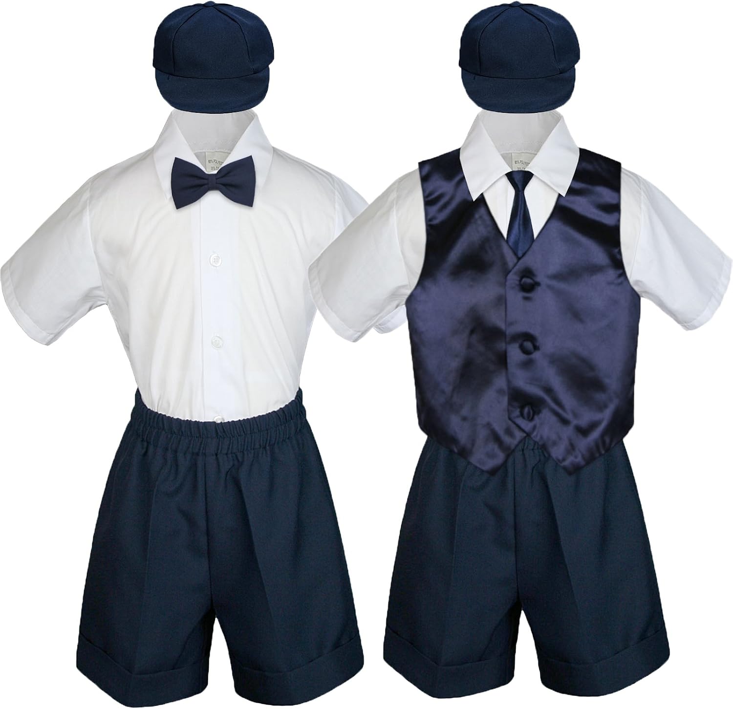 Baby Toddler Boy Event Party Suit Navy Shorts Shirt Hat Necktie Vest Set Sm-4T (Medium (6-12 Months), Navy)