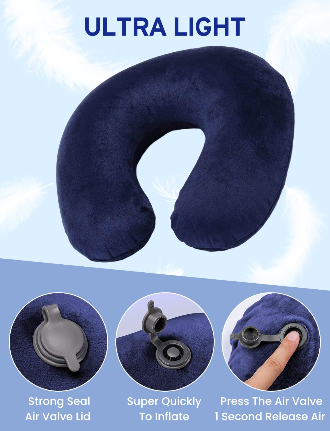 Cuscino Da Viaggio Gonfiabile Pitasha - Morbido Velluto, Supporto Collo A U | Per Aereo, Auto, Ufficio (Blu) - Foto 5