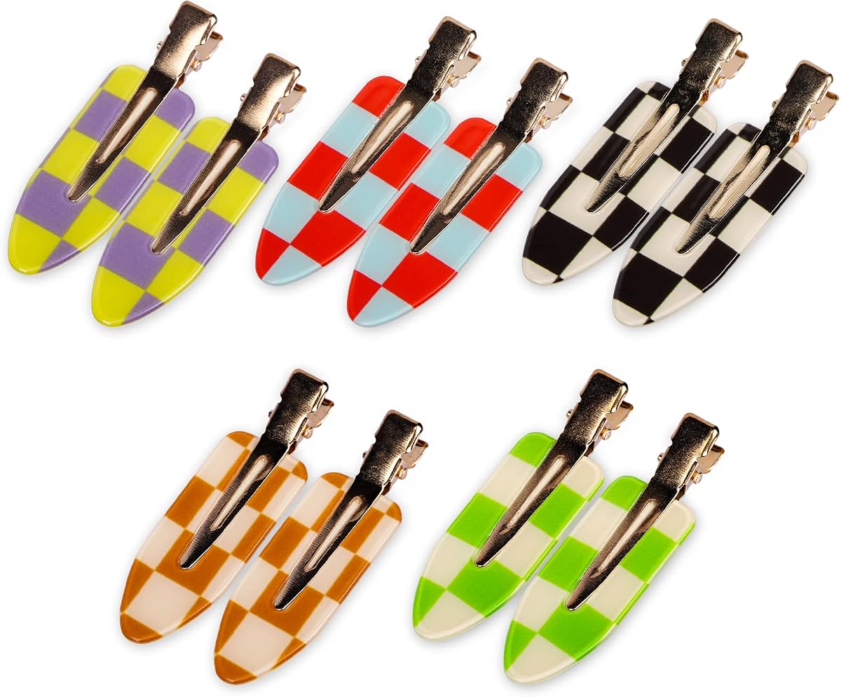 Magicsky 10PCS Pinzas para el cabello sin pliegues y sin curvas a cuadros para mujeres | Pinzas planas de maquillaje sin pliegues, pasadores acrílicos para rizos sin costuras, pico de pato de tablero de ajedrez blanco y negro, accesorios para pasador de pelo