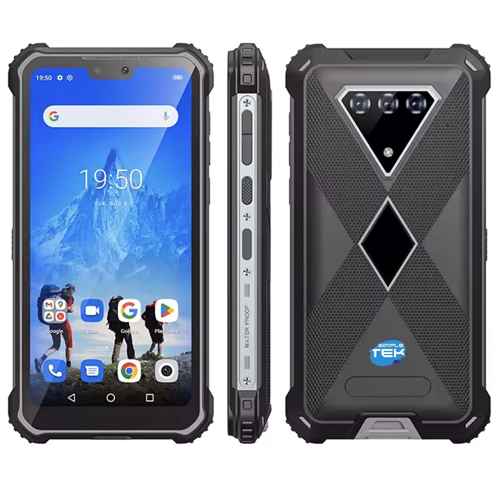 SIMPLETEK Wytrzymały smartfon 4G Dual SIM z baterią 10 000 mAh, pamięcią 6 GB RAM i 128 GB, bezprzewodowym ładowaniem, NFC, czujnikiem linii papilarnych, czarny
